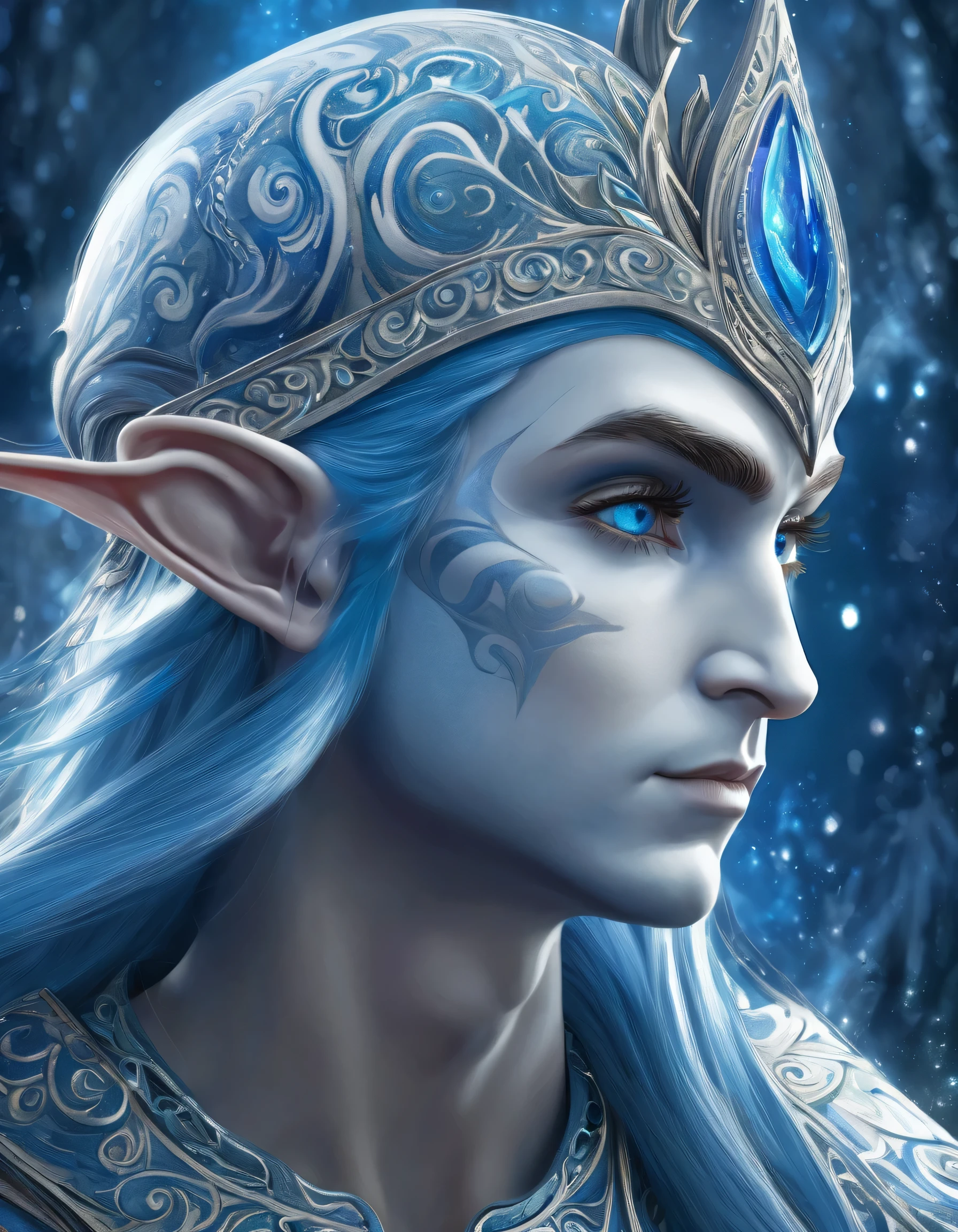 Portrait of an elf entering a dark fantasy world, elaborately painted face, blue and white world, elf painted in blue and white, elf profile, shining details, tremendous aura of defence, rendered in intricate detail, breathtakingly beautiful CG