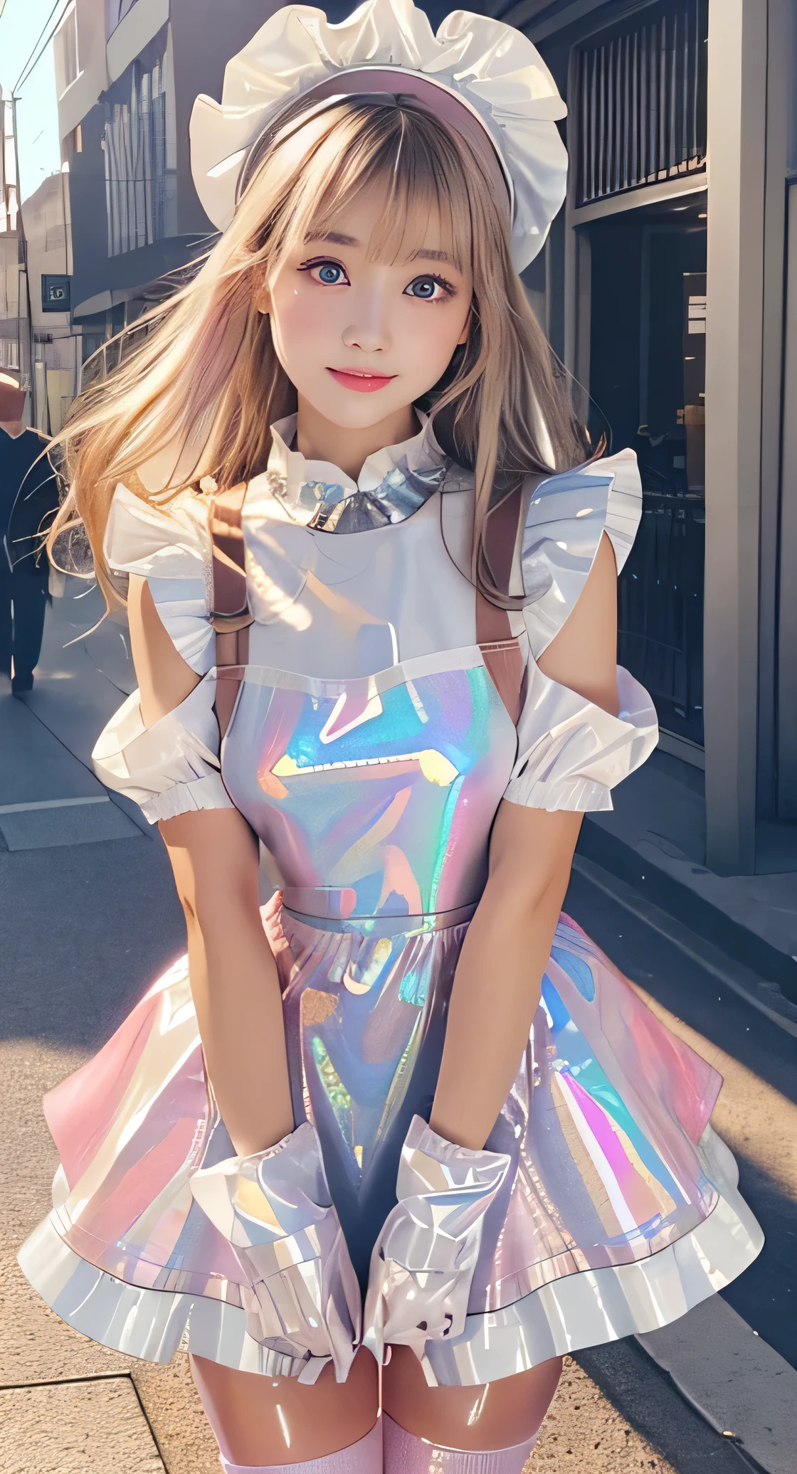 Angelic very beautiful cute young girl,
Beautiful detailed eyes, (5 yo:1.2),(clear-eyed:1.3),
Detailed double eyelids,
(Soft Saturation: 1.3),
(Fair skin: 1.3),v-line jaw,
(Large eyes:1.4),
Long straight brown hair,
see-through bangs,
Sharp Focus,
beautiful detailed face and eyes,
drooping eyes,
small straight nose,
small mouth,
happy smiling with visible teeth, 85mm lens, F/8.0,BREAK (Super shiny holographic white and metallic pink latex maid costume :1.5),Walking,Brown hair ,(Costumes with strong reflective surfaces:1.3),(lift skirt:1.2),panty,
(Best Quality:1.2),(Maid costume:1.4),
Raw photo,
High resolution,
perfect detail,
Professional Photography,
Professional Lighting,
Powerful lighting of the costume,In the street