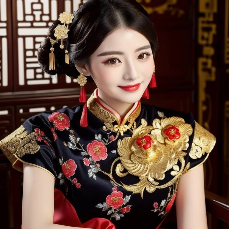 a close up of a woman in a Chinese dress posing for a picture, Chinese style, Chinese dressภาพระยะใกล้ของผู้หญิงที่สวมชุดสีดำแดง, Chinese style, traditional chinese, Chinese dress, Cheongsam, Chinese dress, traditional chinese clothing, Chinese woman, with ancient Chinese clothes, Chinese girl, wearing a red Cheongsam, Chinese princess, black and red silk clothes, Gorgeous Chinese model, traditional beauty, สวมChinese dressโบราณ ผ้าไหมกำมะหยี่ผ้าไหมกำมะหยี่สีน้ำเงินสีทองสีเหลืองสีส้มผ้าใหมราคาแพง, Action with different poses,, Cheongsam, traditional chinese, Chinese dress, traditional chinese clothing, with ancient Chinese clothes, black and red silk clothes, Wear a luxurious silk dress., Chinese woman, Chinese princess, Empress of China, Chinese girl, wearing a red Cheongsam, red gold black