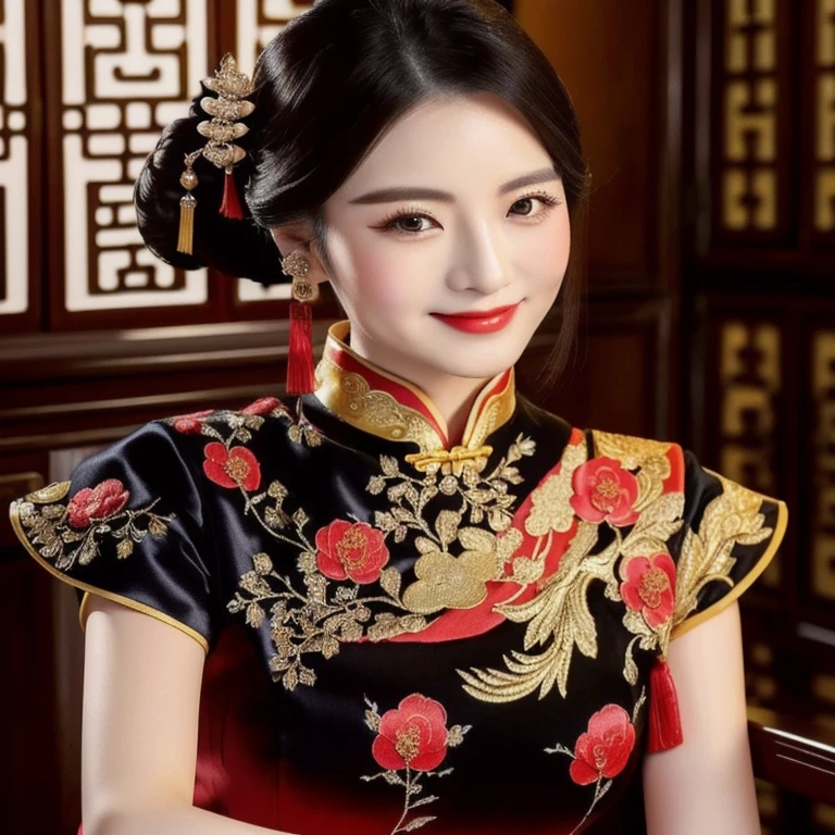 a close up of a woman in a Chinese dress posing for a picture, Chinese style, Chinese dressภาพระยะใกล้ของผู้หญิงที่สวมชุดสีดำแดง, Chinese style, traditional chinese, Chinese dress, Cheongsam, Chinese dress, traditional chinese clothing, Chinese woman, with ancient Chinese clothes, Chinese girl, wearing a red Cheongsam, Chinese princess, black and red silk clothes, Gorgeous Chinese model, traditional beauty, สวมChinese dressโบราณ ผ้าไหมกำมะหยี่ผ้าไหมกำมะหยี่สีน้ำเงินสีทองสีเหลืองสีส้มผ้าใหมราคาแพง, Action with different poses,, Cheongsam, traditional chinese, Chinese dress, traditional chinese clothing, with ancient Chinese clothes, black and red silk clothes, Wear a luxurious silk dress., Chinese woman, Chinese princess, Empress of China, Chinese girl, wearing a red Cheongsam, red gold black