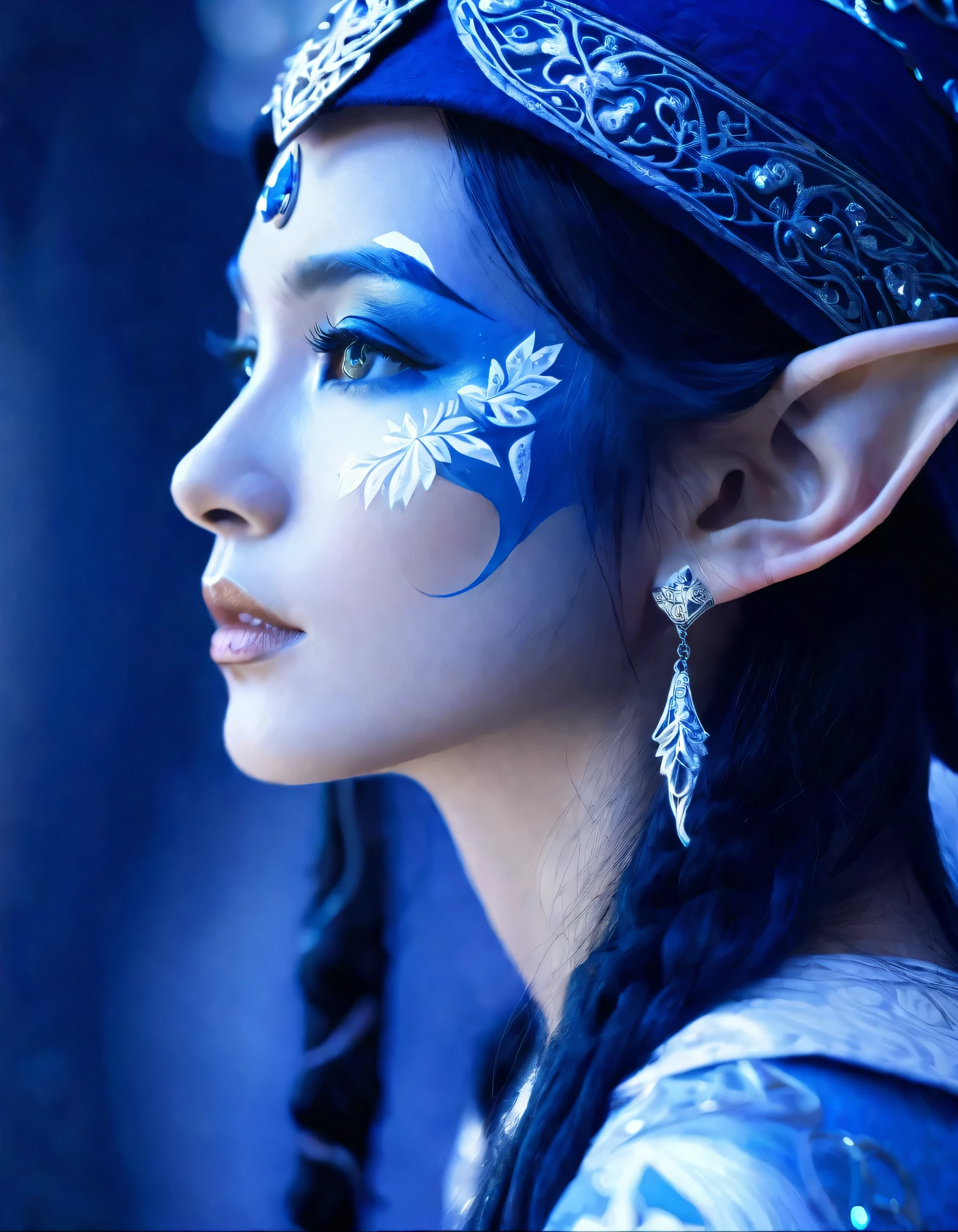 Portrait of an elf entering a dark fantasy world, elaborately painted face, blue and white world, elf painted in blue and white, elf profile, shining details, tremendous aura of defence, rendered in intricate detail, breathtakingly beautiful CG