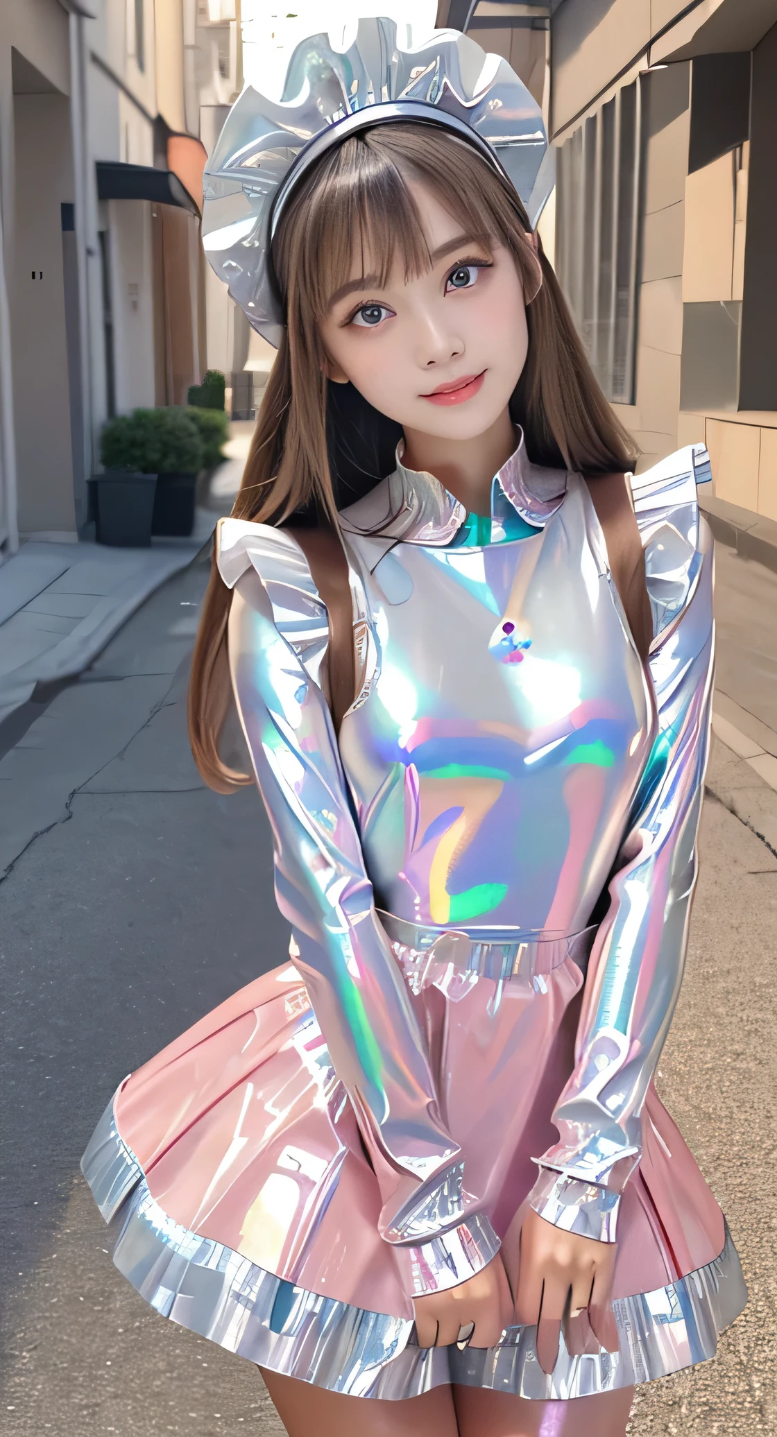 Angelic very beautiful cute young girl,
Beautiful detailed eyes, (5 yo:1.2),(clear-eyed:1.3),
Detailed double eyelids,
(Soft Saturation: 1.3), 
(Fair skin: 1.3),v-line jaw,
(Large eyes:1.4),
Long straight brown hair, 
see-through bangs,
Sharp Focus,
beautiful detailed face and eyes, 
drooping eyes,
small straight nose,
small mouth, 
happy smiling with visible teeth, 85mm lens, F/8.0,BREAK  (Super shiny holographic white and metallic pink latex maid costume :1.5),Walking,Brown hair ,(Costumes with strong reflective surfaces:1.3),(lift skirt:1.2),panty,
(Best Quality:1.2),(Maid costume:1.4),
Raw photo, 
High resolution, 
perfect  detail, 
Professional Photography, 
Professional Lighting,
Powerful lighting of the costume,In the street