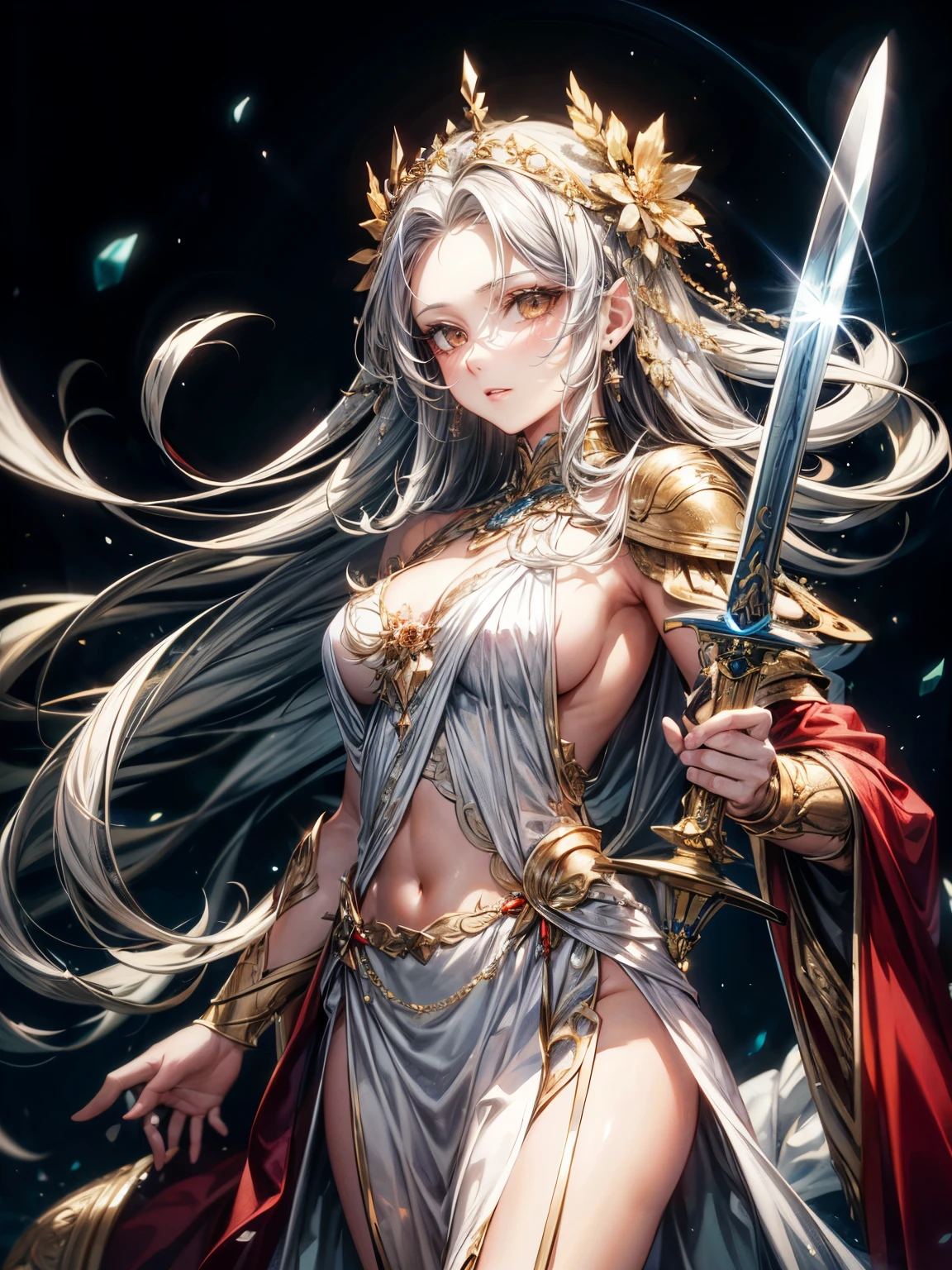 masterpiece,highest quality,Ultra high definition, The Goddess Themis, Greek mythology,((Forehead hair)),white hair,Sword in right hand, balance in left,deep brown eyes, white draped robe, scales, Deep brown eyes