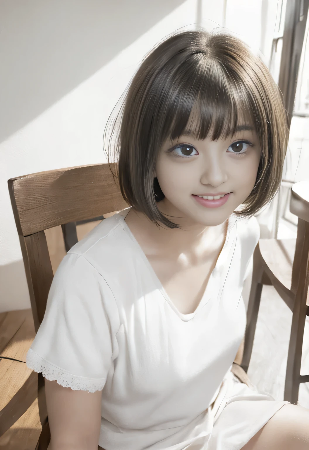 NSFW,(In 8K、highest quality、masterpiece、realistic、Super become familiar with、Photoreal)、,,(((18 year old high school girl ):radiant beautiful skin)),{small breasts:areola:nipple:become familiar with}, (((naked:(()):((pussy)))、(cute face:laughter:show teeth)、(beautiful and delicate eyes:double eyes),{{short hair}}, {{Bowl cut}}, {{straight hair}},{{Short bangs above the eyebrows,}},(lighting from below), , soft front light, beautiful expression, cute face,:,girl with short black hair and white top, short brown hair and big eyes, black hair and big eyes, Stunning facial portrait, cute realistic portrait, , Realistic young woman, realistic face,, Realistic and beautiful big eyes, surreal ,{Sitting on a wooden chair:1.5}}