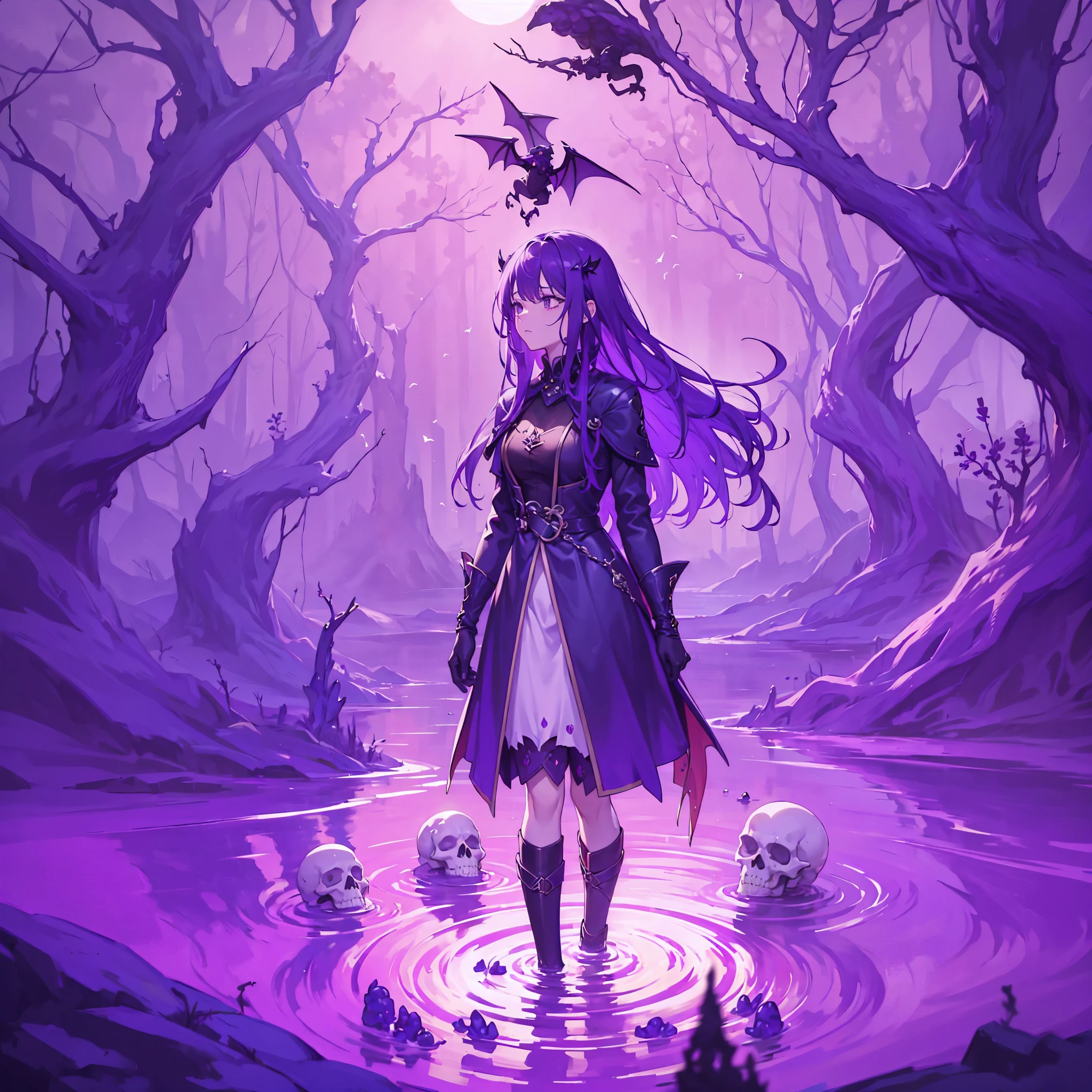 Top quality, masterpiece, 8K, one bat flying, woman walking through purple sludgy poisonous swamp, swamp is up to her feet high, skull mark on ground, bones floating in swamp, purple poisonous swamp all around, long purple hair, worried face, shivering woman, wearing winter clothes