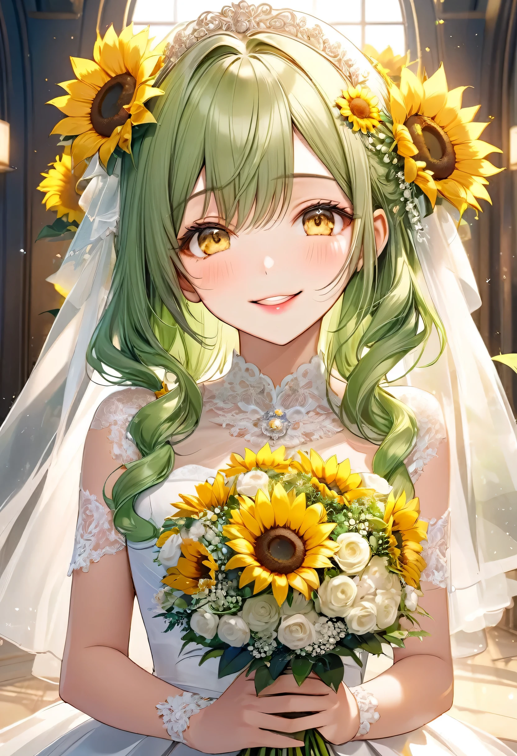 (A glorious ceremony style) (beautiful make-up) (solo straight green hair long hair lovely bride girl, beautiful yellow eyes, Rouge lipstick, love smile), (15 yo), (in a yellow sunflower:1.2 immensely silk:1.2 Wedding dress), BREAK, in the Ceremony Hall in the Sky, perfect anatomy, masterpiece, best quality, 16k, beautiful detailed grow, daydreaming expression.