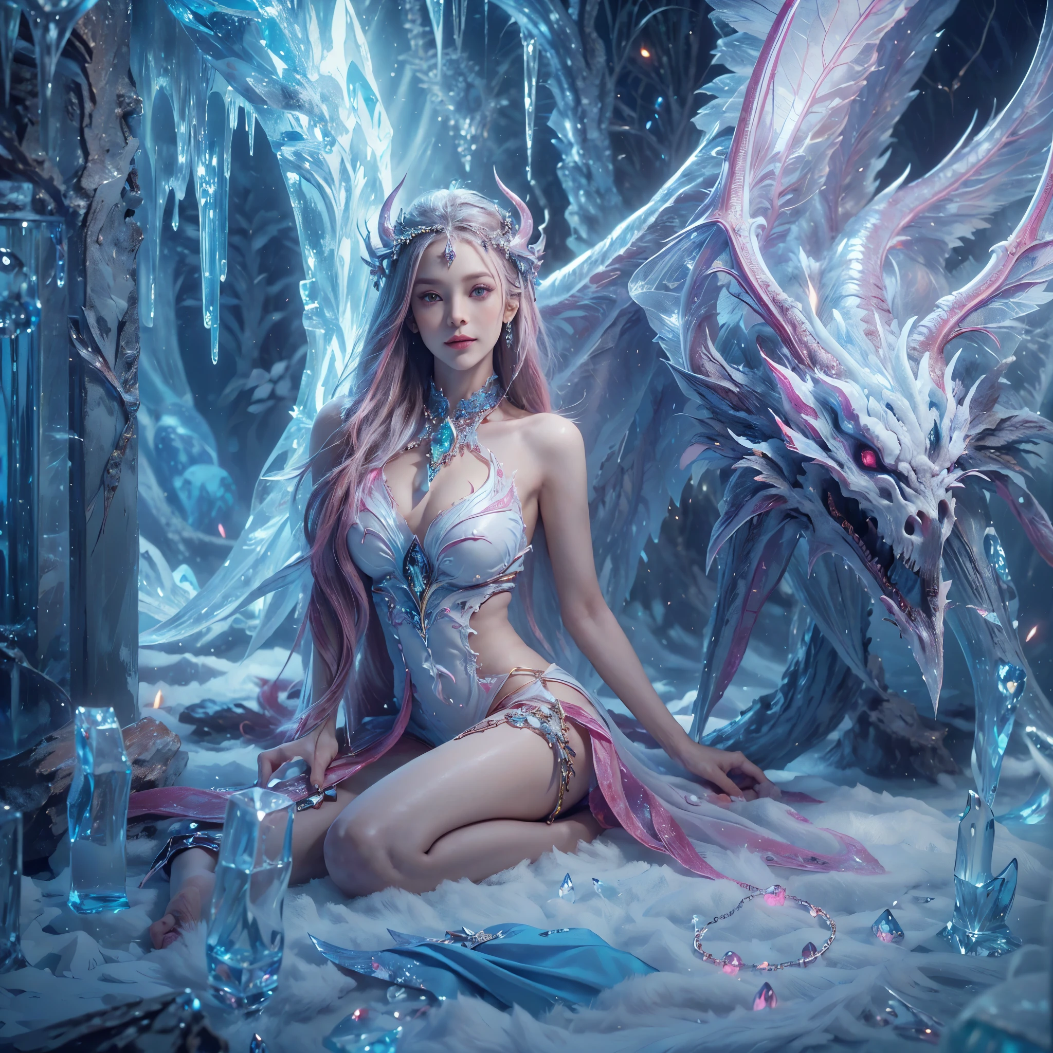 anyageraldine, anya_geraldine, (((8k RAW photo, hyper realistic, masterpiece, best quality, crisp detail, high definition, high detail, very rich detail, sharp focus, sharp detail, colorful, rich color, cinematic, perfect studio lightning, full body photograph, mystic atmosphere, shot from front))), ((fully naked, young colorful frost goddess, fully nude, smooth body, ideal body, naughty smile)), (temptating pose, temptating viewer, big breast, ((spreading legs) in the ice castle, BSP), (showing (pussy, vagina, genital, nipples))), ((white long hair)), creating ice, ((wide ice dragon wings, tail)), ((very long sharp claws)), (hundreds of ( skull, bone) on land), ((ice devil)),