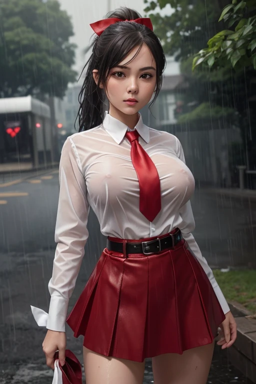 (nude pictures) Young girl with big breasts Wear a white shirt. There is a name tag on the left chest. Tie a bright red necktie Wear a bright red petal skirt. Wear a black leather belt with a silver buckle. Hair tied in a ponytail with a white bow, wet, standing in the rain, tits.