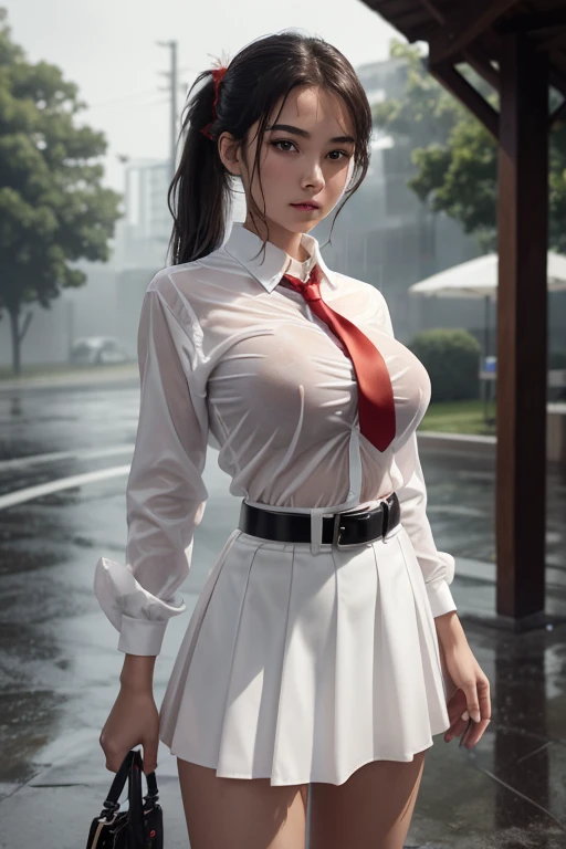 (nude pictures) Young girl with big breasts Wear a white shirt. There is a name tag on the left chest. Tie a bright red necktie Wear a bright red petal skirt. Wear a black leather belt with a silver buckle. Hair tied in a ponytail with a white bow, wet, standing in the rain, tits.