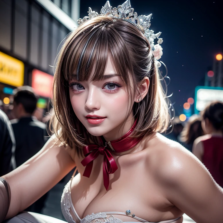 masterpiece of professional Analog photo, realistic and photorealistic with touch of rawness, (a close-up portrait of a princess wearing white thongs on a Top of Skyscraper), Dusk Sky with afterglow, intricate lighting effects with light particles, (many colorful lights dazzling bokeh), Traffic lights, enjoying summer festival, { Childish | Gigantic Cleavage } . BREAK (((NOGIZAKA))) Extremely Detailed very KAWAII face variation, perfect anatomy, captivating gaze, elaborate detailed Eyes with (sparkling highlights:1.2), long eyelashes、Glossy RED Lips with beautiful details, Coquettish tongue, Rosy cheeks . (Dynamic joyful expressions), { pleasure in agony | Ecstasy | :D | screaming | Perplexed }, Mystic sight . hair and eye color is same color, { Red leather high collar | Red ribbon | Tiny Coronet | half updo | short bob }, from diagonally angle .