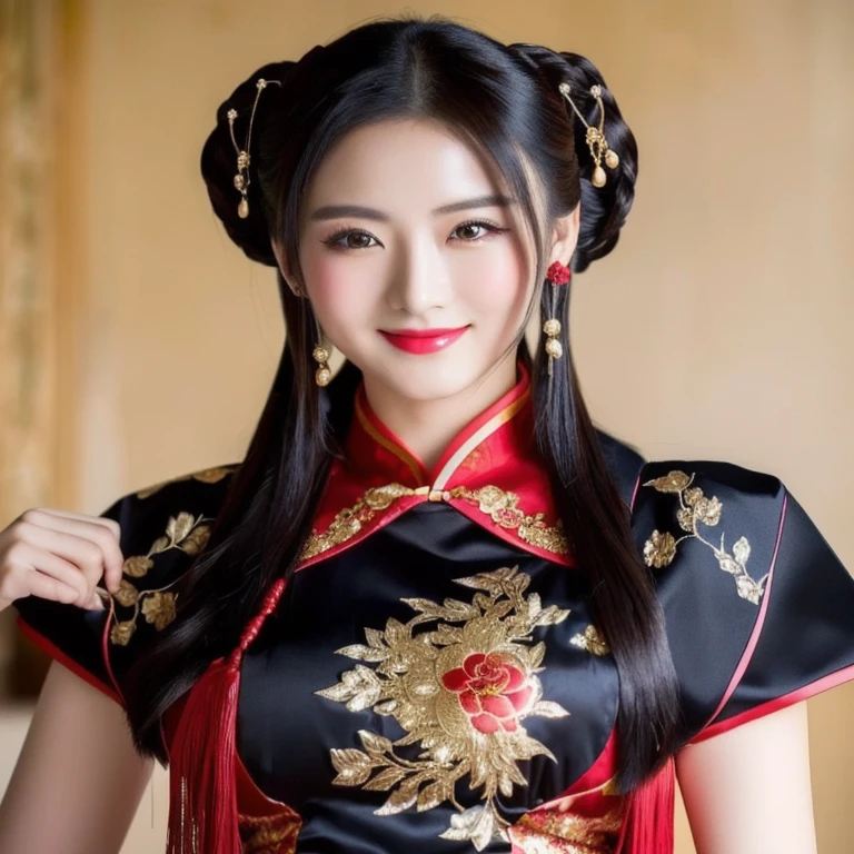 a close up of a woman in a Chinese dress posing for a picture, China close-up photo of woman wearing black and red dress, Chinese style, จีนoriginal, Chinese dress, Cheongsam, Chinese dress, จีนoriginal clothing, Chinese woman, with ancient Chinese clothes, Chinese girl, wearing a red Cheongsam, Chinese princess, black and red silk clothes, Gorgeous Chinese model, ความงามแบบoriginal, สวมChinese dressโบราณ ผ้าไหมกำมะหยี่ผ้าไหมกำมะหยี่สีน้ำเงินสีทองสีเหลืองสีส้มผ้าใหมราคาแพง, Action with different poses,original, Chinese style, Chinese dress, with ancient Chinese clothes, จีนoriginal clothing, Chinese girl, Chinese woman, Chinese dress, palace ， a girl in Hanfu, ความงามแบบoriginal, Chinese princess, Cheongsam, Gorgeous Chinese model, สวมChinese dressโบราณ, Hanfu