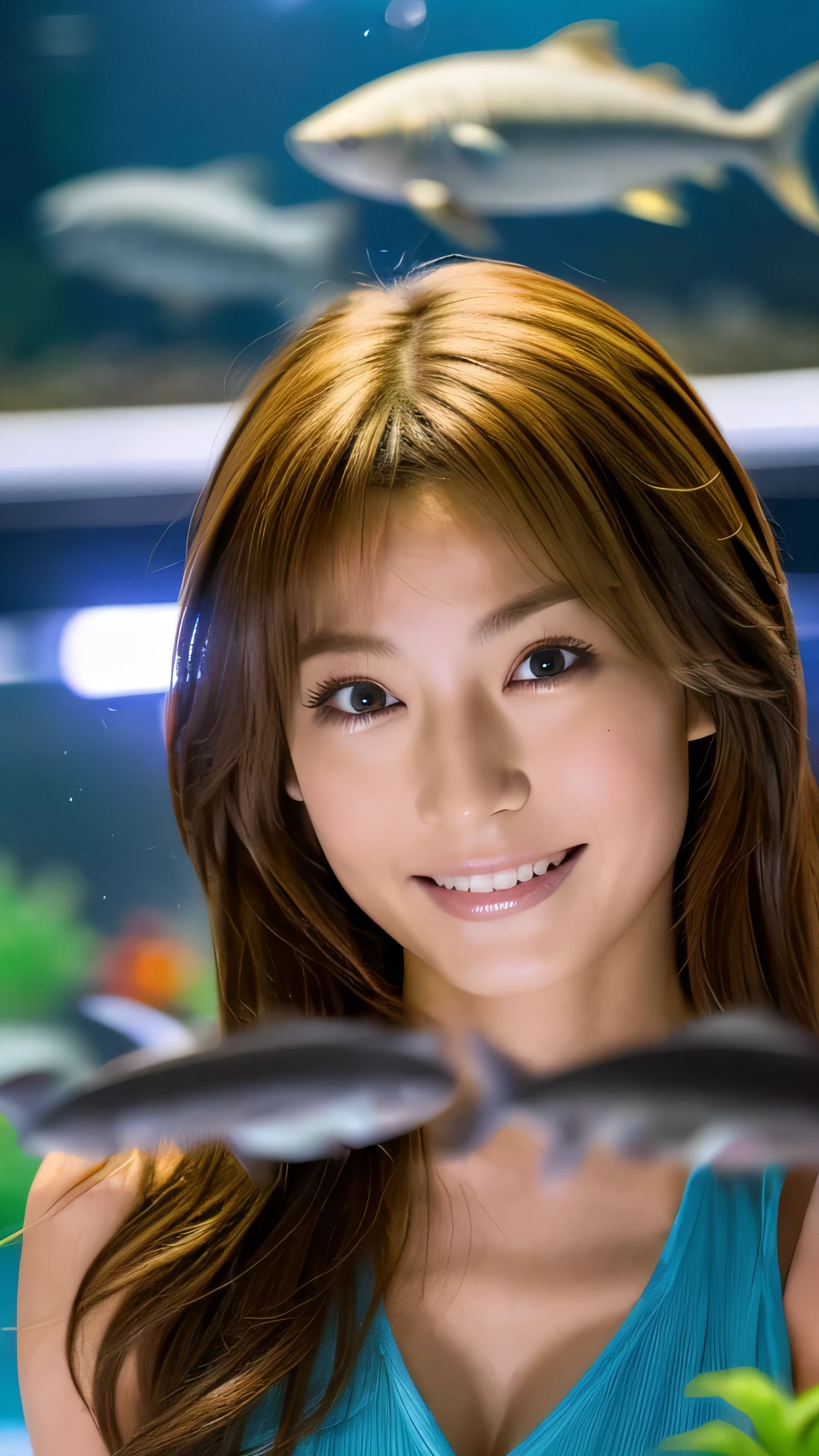 (((Aquarium:1.4,See tuna and sharks in front of a giant aquarium:1.4, Aquarium Arch))), Dynamic, cinematic photos,(Ultra Realistic, High resolution), (Highly detailed eyes, Highly detailed hair, highly Detailed face, Highly detailed plump lips,Perfect Anatomy),(highest quality:1.4), RAW Photos, (Realistic, photo-Realistic:1.37), Professional photography, Cinematic Light, (Detailed face: 1.2),Looking at the audience, Brunette woman,slim,(Famous Japanese actresses:1.2), smile