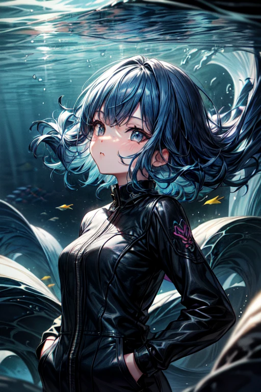 8K, 1 Girl, saturated color, fabulous, (Fractal Art 1.8), pout, Youth, blue hair, deep under the sea, fabulous, Dynamic, visual impact, hands in pockets, (waves on lens 1.5)