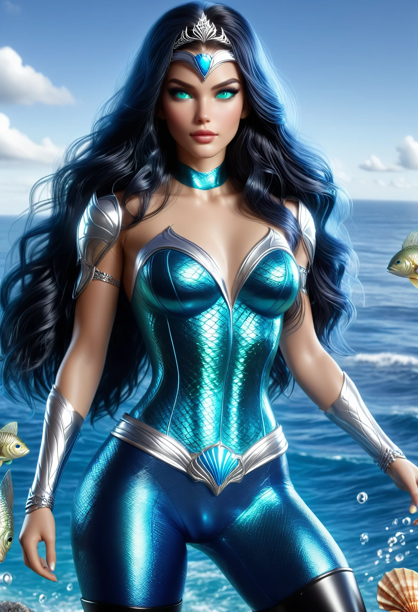 ( Masterpiece, 4k resolution, ultra-realistic, very detailed) A beautiful sexy female superhero who is a demigoddess , blue/green eyes and long dark  hair.  , she wears a silver tiara on forehead , She wears a blue outfit with a fish scale like texture sleeveless , she has bracelets that are silver, and has black boots with a glowing blue tint. a silver belt with a sea shell in the center, (Oceania)