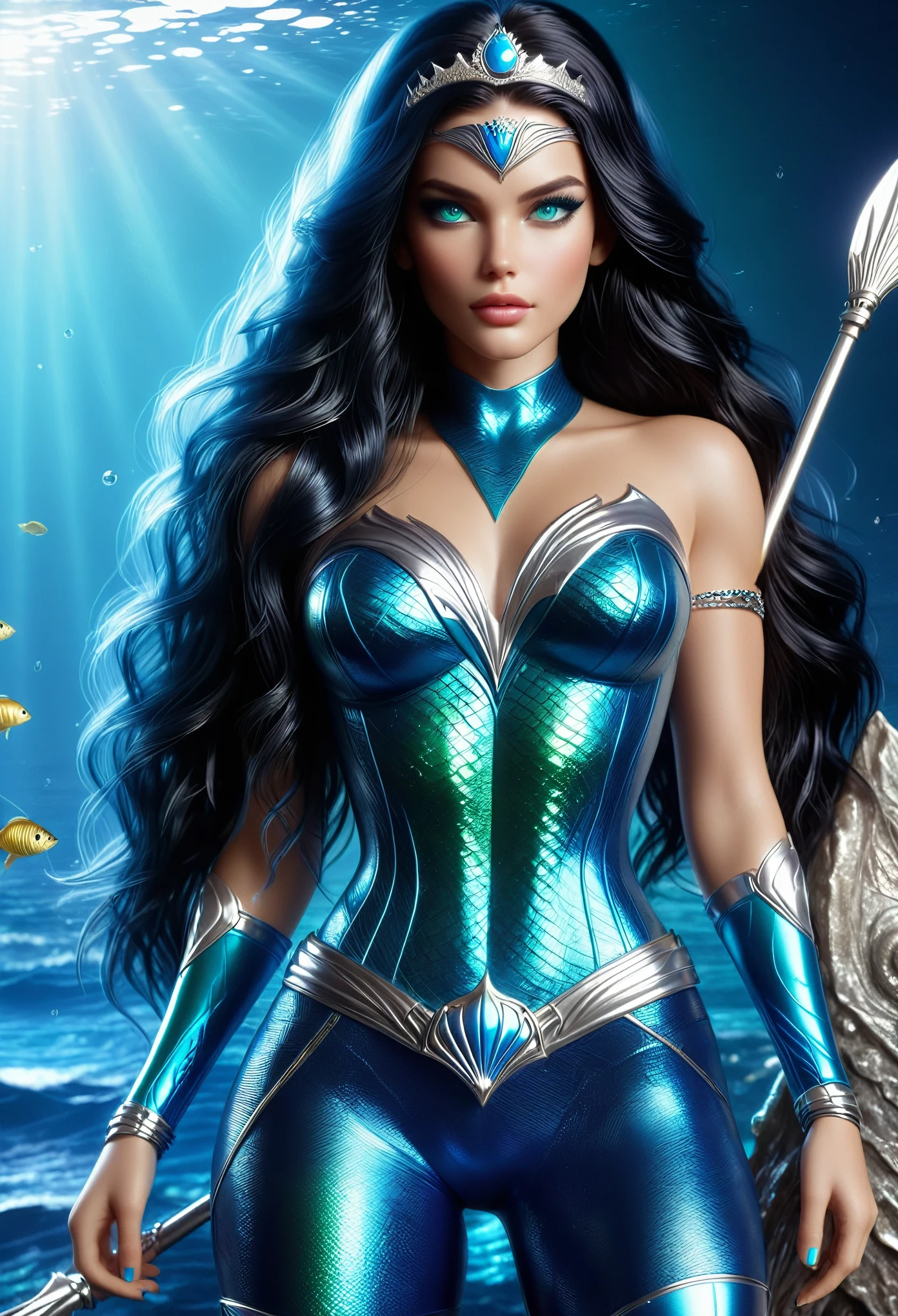 ( Masterpiece, 4k resolution, ultra-realistic, very detailed) A beautiful sexy female superhero who is a demigoddess , blue/green eyes and long dark  hair.  , she wears a silver tiara on forehead , She wears a blue outfit with a fish scale like texture sleeveless , she has bracelets that are silver, and has black boots with a glowing blue tint. a silver belt with a sea shell in the center, (Oceania)