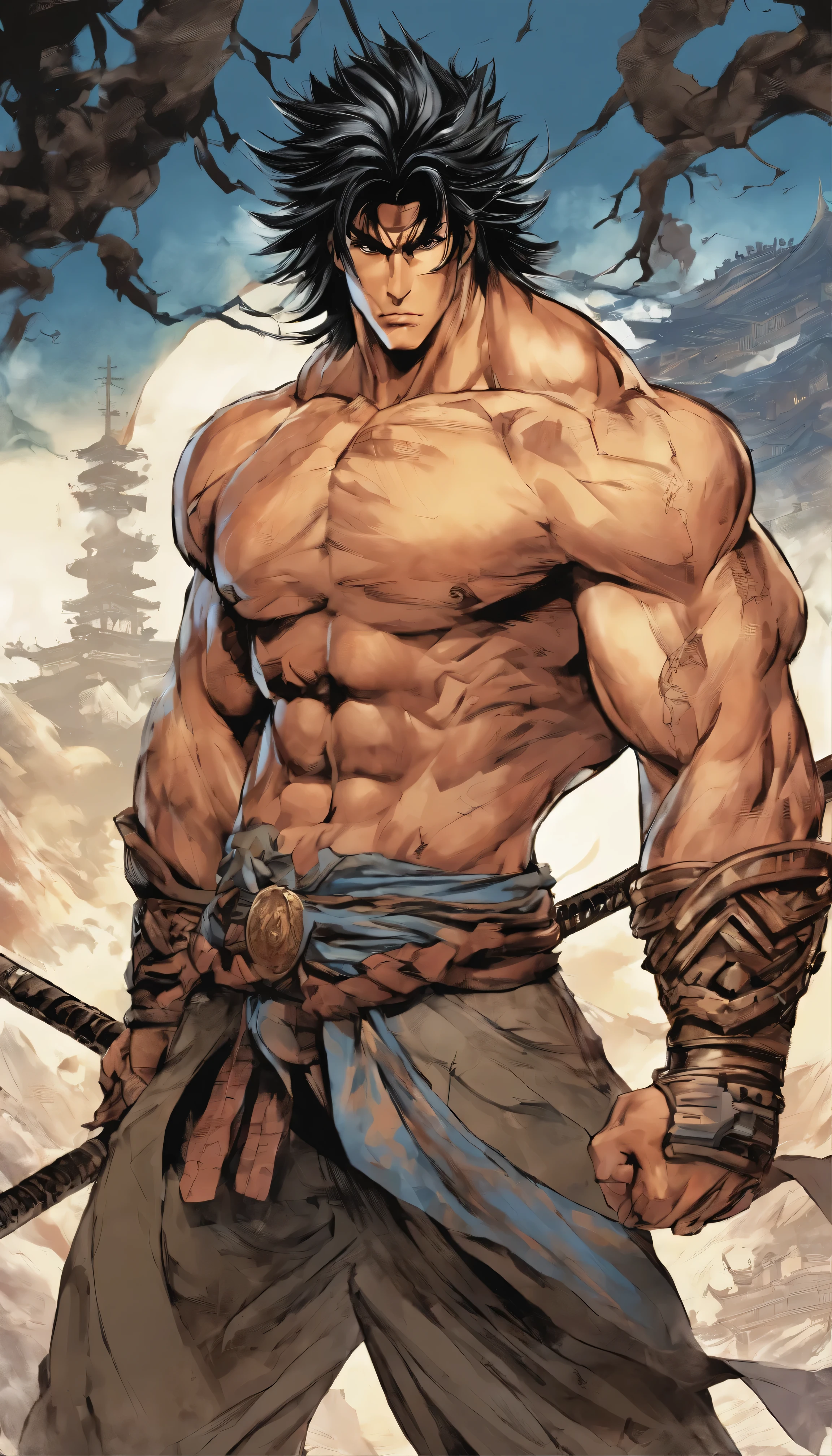 with high definition images，A cool look for Kenshiro from Fist of the North Star，In the heart of a desolate post-apocalyptic wasteland、A lone figure stands, embodying the epitome of resilience and strength.。This masterpiece is、A masterpiece of the highest quality, a poignant portrayal of the legendary Kenshiro, successor to the Hokuto Shinken.。Chiseled、The intricate details of the determined face、It is a testament to the artist&#39;s skill.、All lines and curves、Expertly crafted to evoke the spirit of the characters。Those sharp and intense eyes、It contrasts sharply with the desolate landscape.、carrying the weight of his destiny。Kenshiro、Wearing