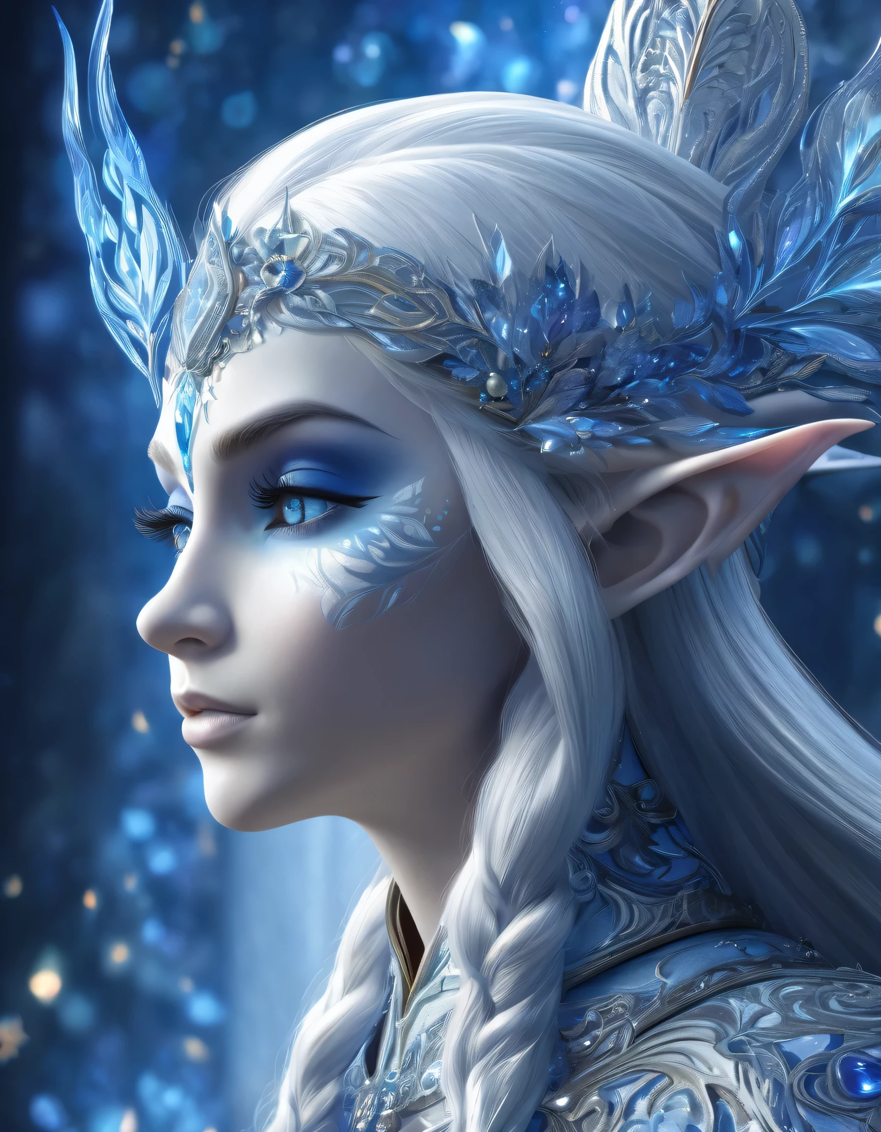 Portrait of an elf entering a dark fantasy world, elaborately painted face, blue and white world, elf painted in blue and white, elf profile, shining details, (tremendous protective aura: 1.3), intricate detail rendering, 3D rendering, octane render, Breathtakingly beautiful CG.