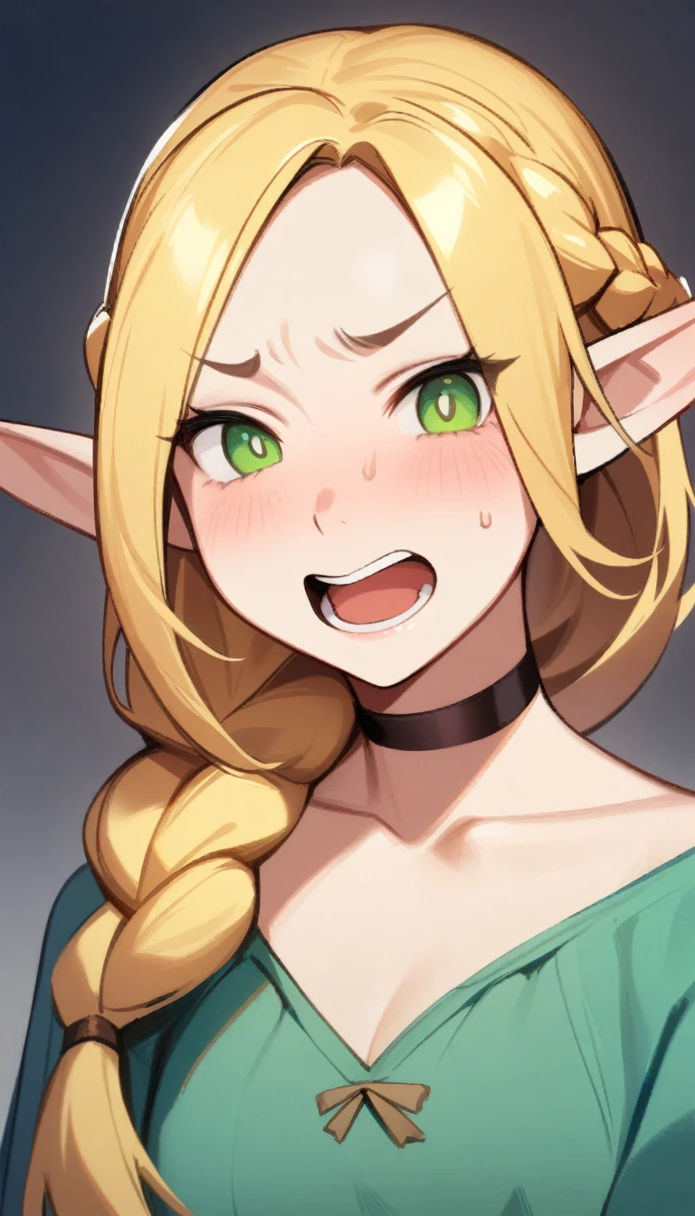 epic digital painting, 1girl, solo, pointy ears, braid, blonde hair, green eyes, choker, elf, long hair, hair over shoulder, funny expression, meme, >_< , masterpiece, best quality, amazing quality, very aesthetic, absurdres