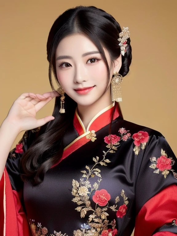 a close up of a woman in a Chinese dress posing for a picture, China close-up photo of woman wearing black and red dress, Chinese style, จีนoriginal, Chinese dress, Cheongsam, Chinese dress, จีนoriginal clothing, Chinese woman, with ancient Chinese clothes, Chinese girl, wearing a red Cheongsam, Chinese princess, black and red silk clothes, Gorgeous Chinese model, ความงามแบบoriginal, สวมChinese dressโบราณ ผ้าไหมกำมะหยี่ผ้าไหมกำมะหยี่สีน้ำเงินสีทองสีเหลืองสีส้มผ้าใหมราคาแพง, Action with different poses,original, Chinese style, Chinese dress, with ancient Chinese clothes, จีนoriginal clothing, Chinese girl, Chinese woman, Chinese dress, palace ， a girl in Hanfu, ความงามแบบoriginal, Chinese princess, Cheongsam, Gorgeous Chinese model, สวมChinese dressโบราณ, Hanfu