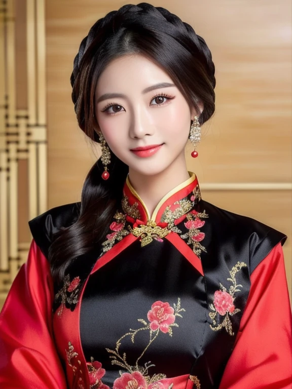 a close up of a woman in a Chinese dress posing for a picture, China close-up photo of woman wearing black and red dress, Chinese style, จีนoriginal, Chinese dress, Cheongsam, Chinese dress, จีนoriginal clothing, Chinese woman, with ancient Chinese clothes, Chinese girl, wearing a red Cheongsam, Chinese princess, black and red silk clothes, Gorgeous Chinese model, ความงามแบบoriginal, สวมChinese dressโบราณ ผ้าไหมกำมะหยี่ผ้าไหมกำมะหยี่สีน้ำเงินสีทองสีเหลืองสีส้มผ้าใหมราคาแพง, Action with different poses,original, Chinese style, Chinese dress, with ancient Chinese clothes, จีนoriginal clothing, Chinese girl, Chinese woman, Chinese dress, palace , a girl in Hanfu, ความงามแบบoriginal, Chinese princess, Cheongsam, Gorgeous Chinese model, สวมChinese dressโบราณ, Hanfu
