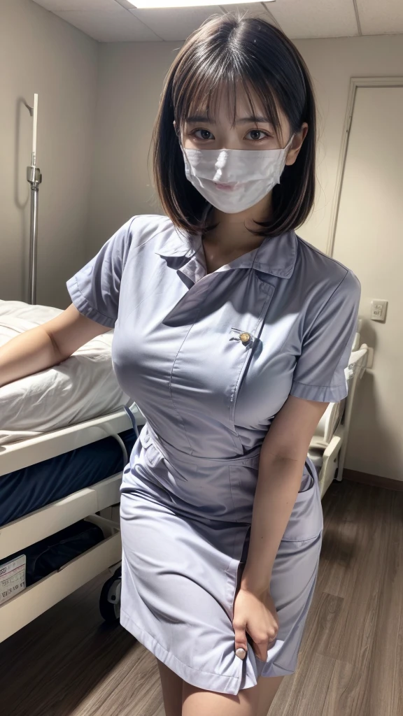 1 girl,(Wearing white nurse clothes:1.2),(RAW photo, highest quality), (realistic, photo-realistic:1.4), masterpiece, very delicate and beautiful, very detailed, 2k wallpaper, wonderful, finely, very detailed CG unity 8k wallpaper, Super detailed, High resolution, soft light, beautiful detailed girl, very detailed eyes and face, beautifully detailed nose, finely beautiful eyes, nurse, perfect anatomy, black hair, up style, nurse uniform, ((mask)), long skirt, nurse, white costume, perfect body shape, Flexible female form, hospital, clear, white uniform, hospital room, auscultation of the neck,bob cut