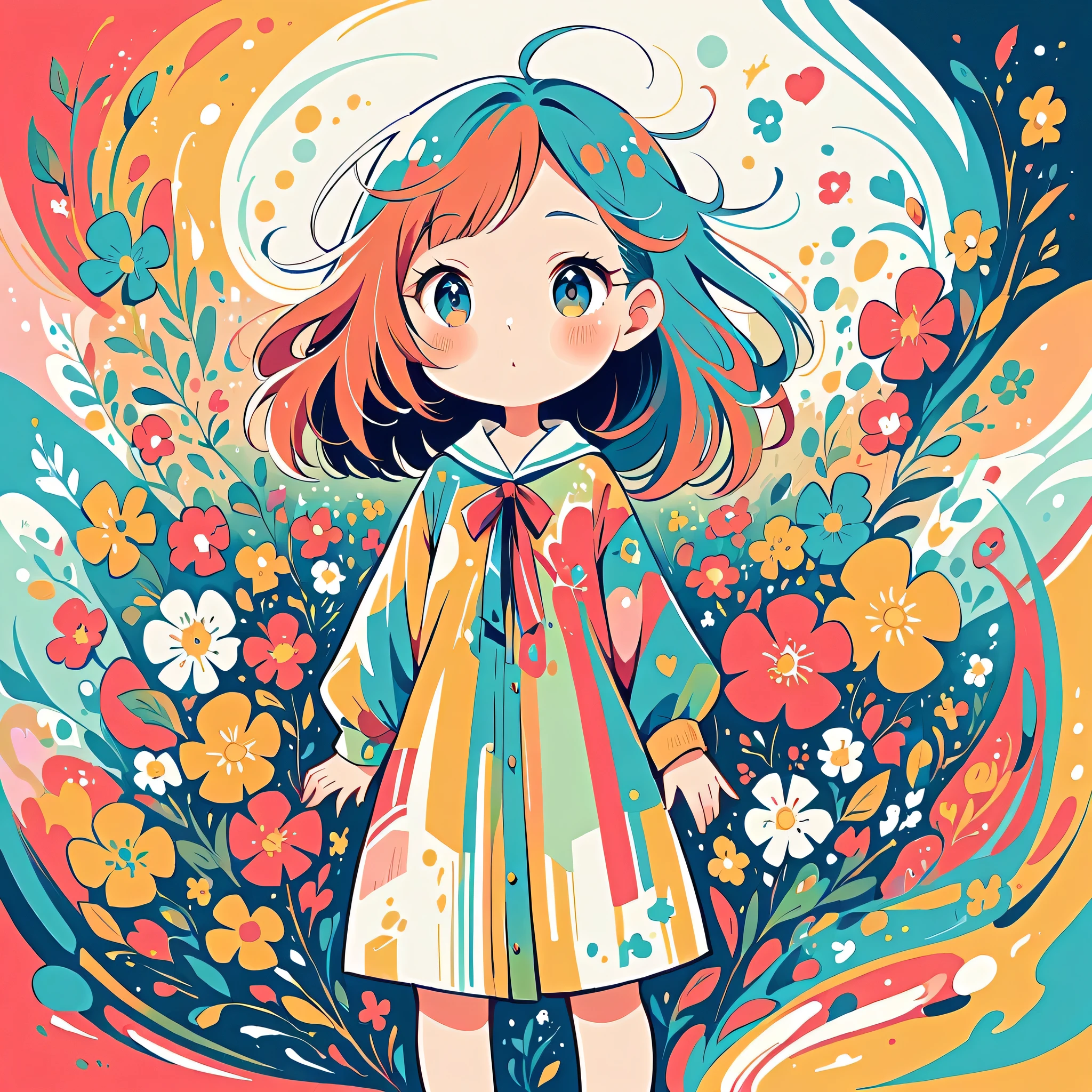 Watase Seizo style, Standing in front of a high wall，Simple Line Initialism，Abstract art，Urban Background, (((The most beautiful girl))),  colorful flowers