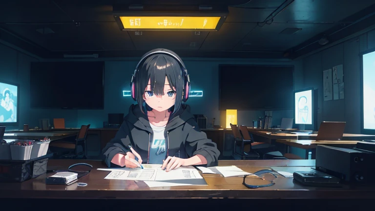 A cute girl with short black hair studying in a room, dream, Wear headphones, Night lighting, Neon scenery on a rainy day, Analog Color Theme, Lo-fi Hip Hop , retrospective exhibition, flat, 2.5D ,Draw a line, Ink drawing, Large slope, Watercolor, Goosh Colors, Studio Ghibli style, Great colorful, Outerton, Krautlock,, amplitude,Psychedelic atmosphere, masterpiece, Great technology,