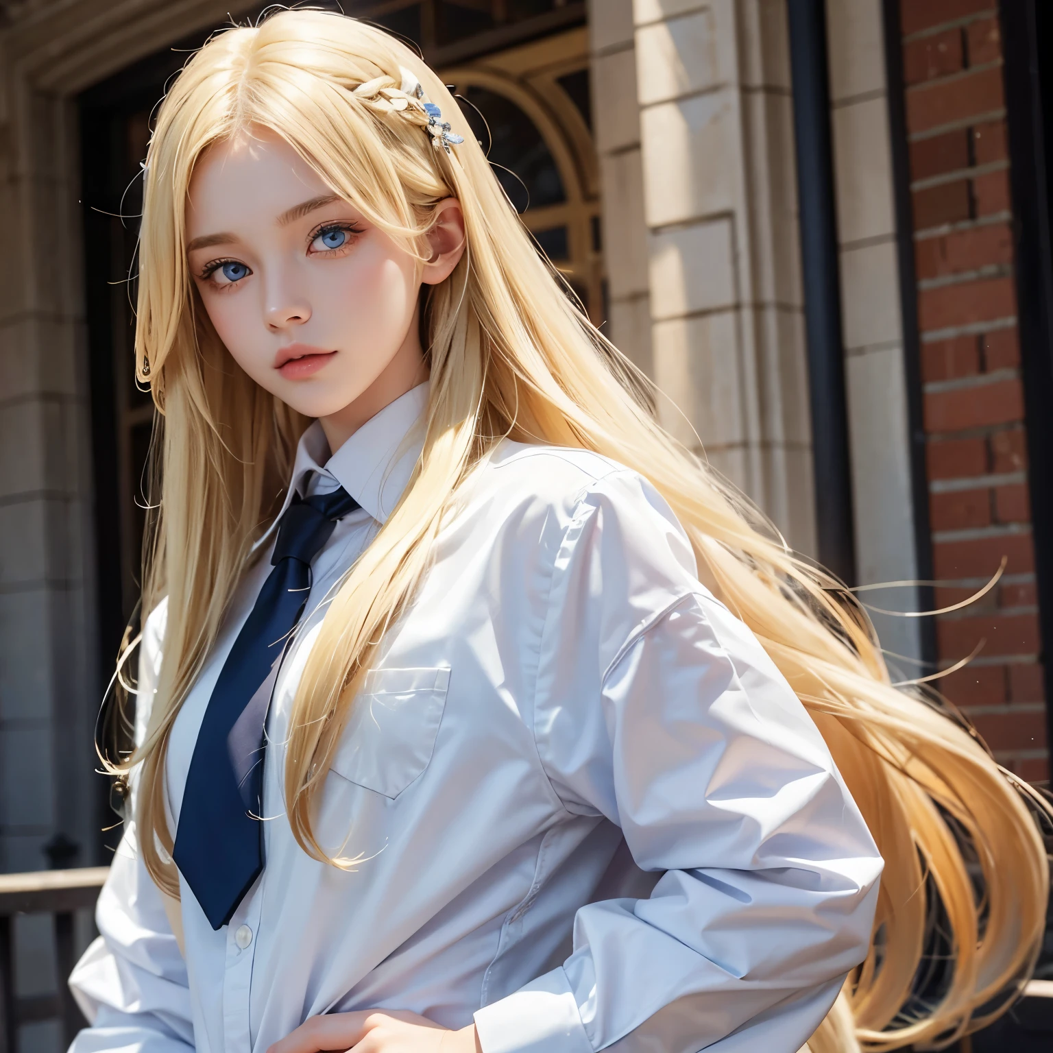 1gIRL, long blonde hair, blue eyes, sharp features, white skin, young man, formal , school atmosphere