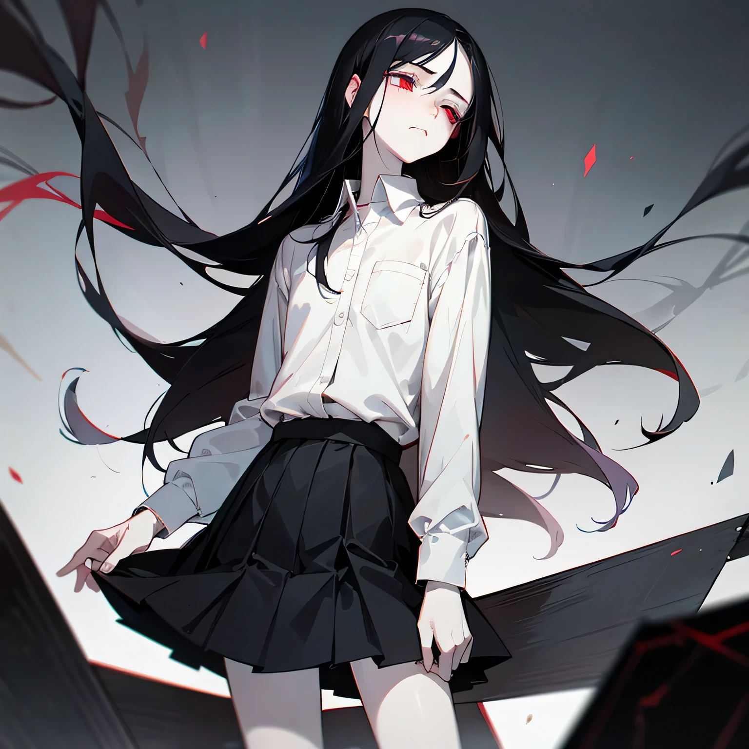 A with long black hair,dead red cold eyes,pale skin,and wears a white button-up shirt tucked up into a black skirt. ,and 5'5 A solemn,hopeless,almost sad face.