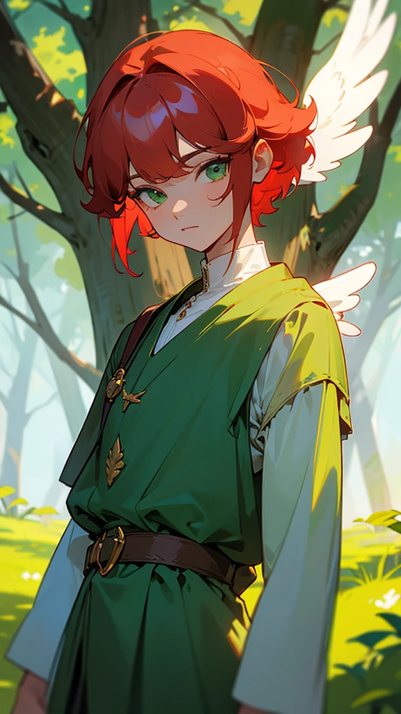 Chico de pelo ondulado pelirrojo, green eyes with an angelic look, vestido de soldado en el medio de un bosque 