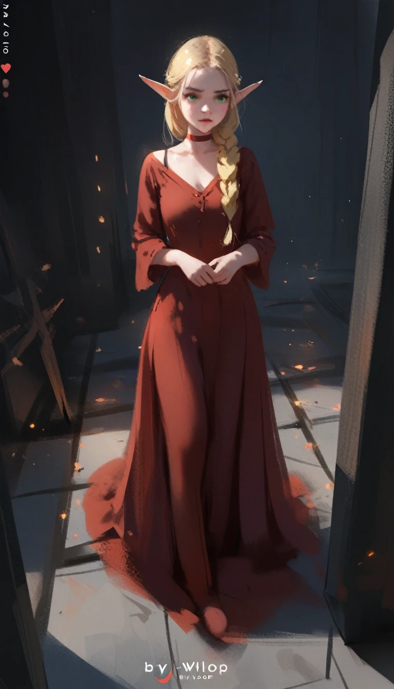 epic digital painting,  by rella, by wlop, 1girl, full body, in dungeon, dark room, solo, pointy ears, braid, blonde hair, green eyes, choker, elf, long hair, hair over shoulder, funny expression, meme, >_< , masterpiece, best quality, amazing quality, very aesthetic, absurdres