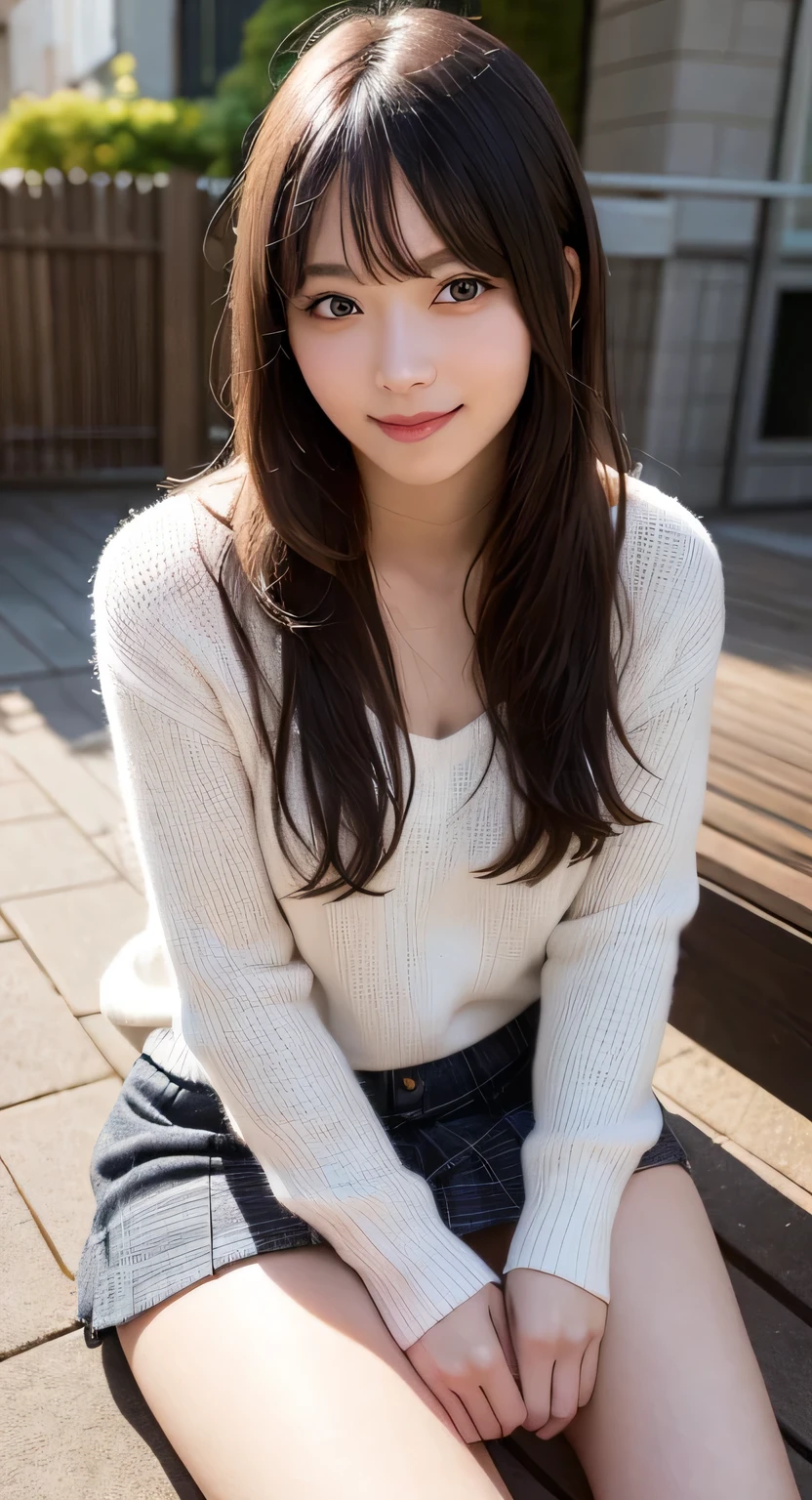 A close up of a woman sitting on a bench with a white sweater - SeaArt AI