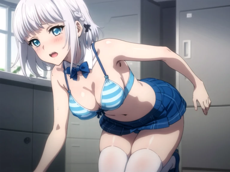 (ultra-highdetail, 8k quality, best quality, extremely detailed illustration,intense shadows, high quality anime illustration, anime coloring,), (Kanase Kanon, Strike The Blood, blue eye, white silver hair, short hair), 
cameltoe, all fours, very short skirt, lift skirt, pull skirt, front open school-uniform, blue striped pattern panties, white thighhighs, lift blue striped pattern bra lift, pull bra, nipple, show off nipple, gleaming skin, open mouth, embarrassed, look viewer, five fingers,