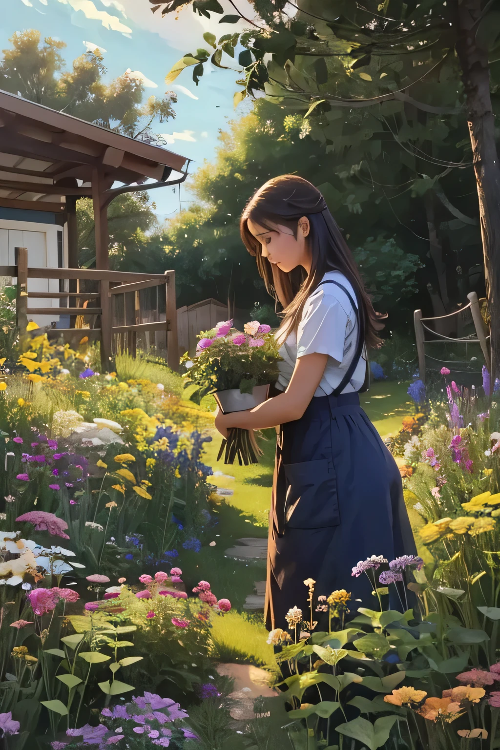 Young woman, who loves to grow flowers in her yard and take care of them.