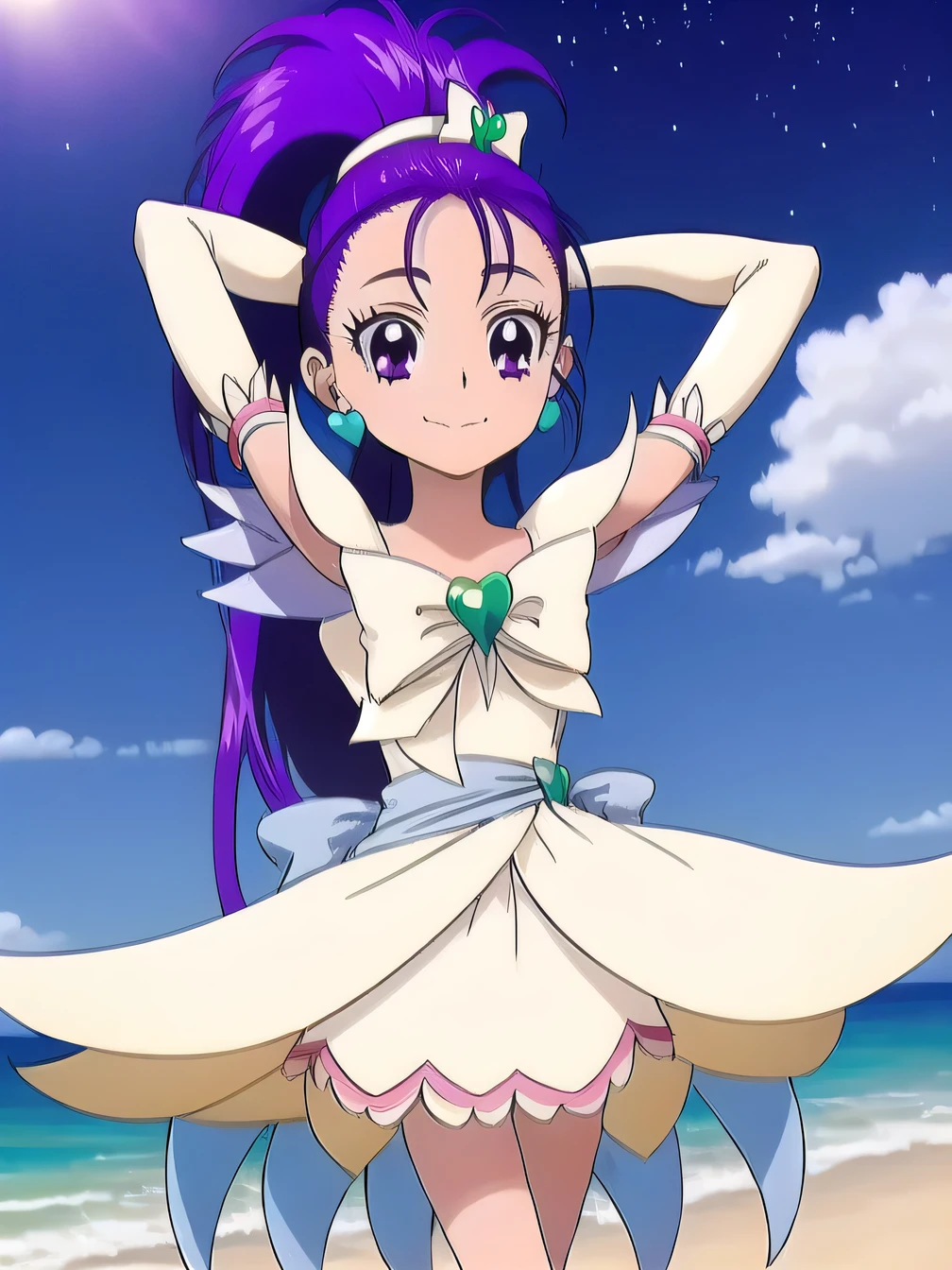Cure Eret,1girl, long hair, purple hair, jewelry, earrings, white footwear, boots, magical girl, smile, dress, purple eyes, closed mouth, solo, cowboy shot, night sky, beach, arms behind head, contrapposto, spread armpits, looking at viewer, best quality, smile, portrait,