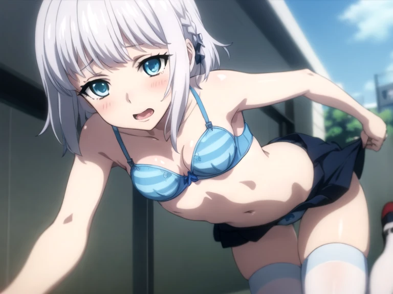 (ultra-highdetail, 8k quality, best quality, extremely detailed illustration,intense shadows, high quality anime illustration, anime coloring,), (Kanase Kanon, Strike The Blood, blue eye, white silver hair, short hair),
cameltoe, all fours, very short skirt, lift skirt, pull skirt, front open school-uniform, blue striped pattern panties, white thighhighs, lift blue striped pattern bra lift, pull bra, nipple, show off nipple, gleaming skin, open mouth, embarrassed, look viewer, five fingers,