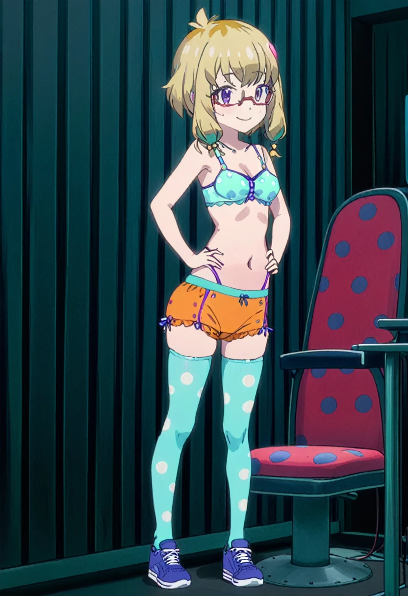 1 girl, solo, Ito, blonde hair,multicolored hair, short hair, glasses, polka dot bra, aqua bra, polka dot panties, orange panties purple eyes, ribbon stocking, blue stocking, sneakers, purple snickers, little breasts, shy, by gamers chair, dark gamer room, smiling, standing, hands on hips, full body view, slim body,
