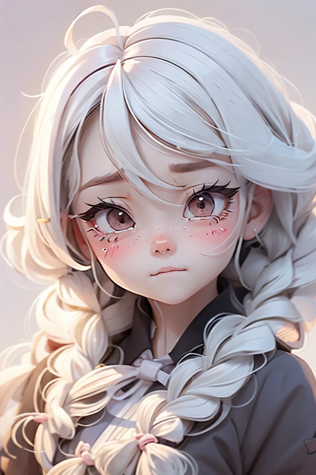 Lolli girl, braid hair, school, closed mouth, anime drawing background, white hair, frontal pose, face close, extremely sad and crying hardragilized