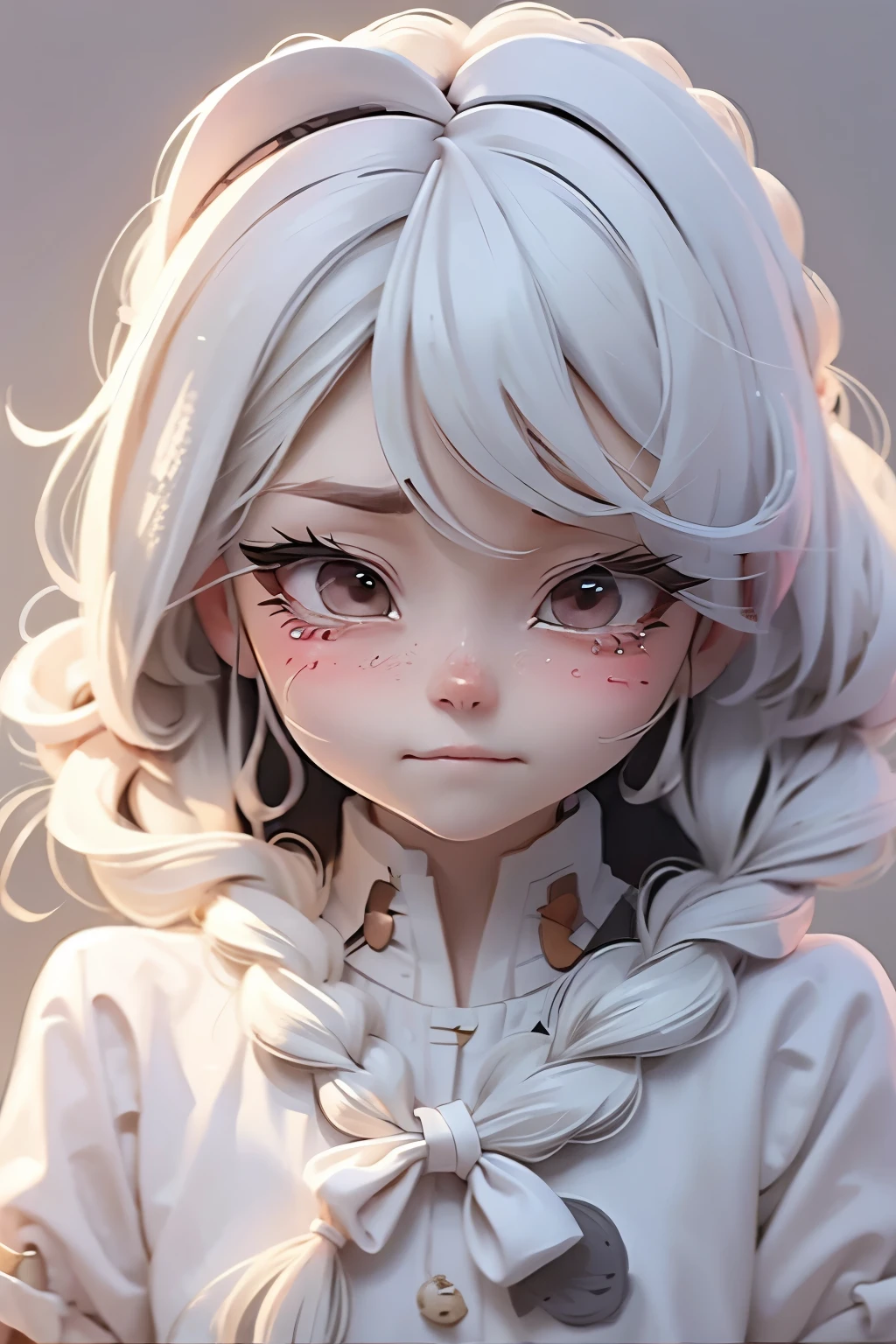 Lolli girl, braid hair, school, closed mouth, anime drawing background, white hair, frontal pose, face close, extremely sad and crying hardragilized