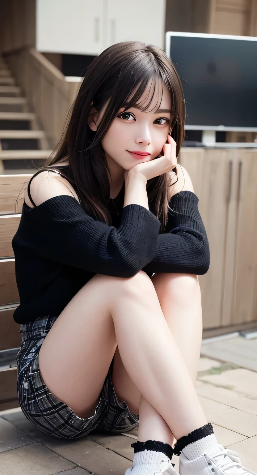 (Realistic、Photorealistic:1.37)、(8K、Raw photo、highest quality、masterpiece:1.2)、cute、Very detailed、Heart shaped eyes、Physically Based Rendering、超A high resolution、Kodak Vision Color、Filmed with an Arricam LT camera、Bokeh、Sharp focus、Watching the audience、Photorealistic、Realistic、alone、Photorealistic、highest quality、Highly detailed face、Highly detailed eyes and face、Beautiful and detailed、An unforgettable smile、Dirty hair、Floating hair、、｟White knitted clothes｠、｟black and white checked mini skirt｠｟Random Pause｠｟Beautiful legs｠（Foot fetish）（Shoulder straps are visible）（I can see the valley）｟Whole body image｠
