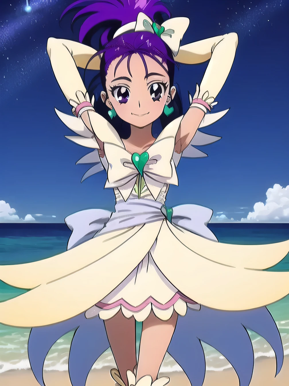Cure Eret,1girl, long hair, purple hair, jewelry, earrings, white footwear, boots, magical girl, smile, dress, purple eyes, closed mouth, solo, cowboy shot, night sky, beach, arms behind head, contrapposto, spread armpits, looking at viewer, best quality, smile, portrait,