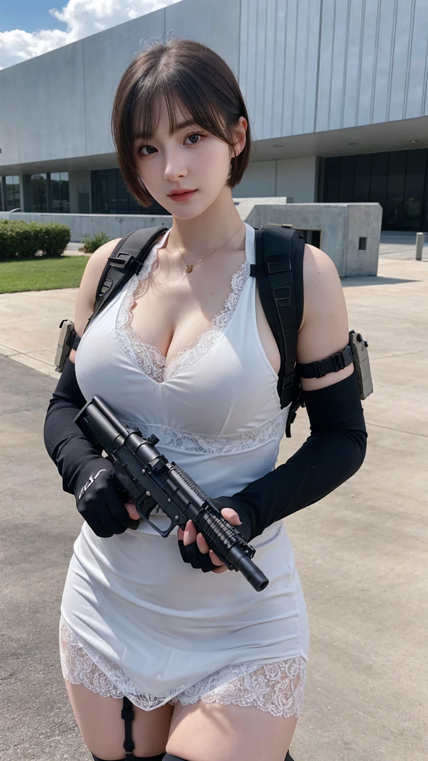 ((best quality)), photorealistic, photorealism, Photorealistic, high resolution, 1girl aiming with an assault rifle, Beautiful, , 20 Years Old, White Skin, pale skin, Large Breasts, huge breast, Combat pose, looking at the camera, (Detailed face), short hair, sexy body, (wearing lace dress, tactical vests, military harness, black gloves), revealed thigh, Gun, Fingers are occluded, concrete building background,