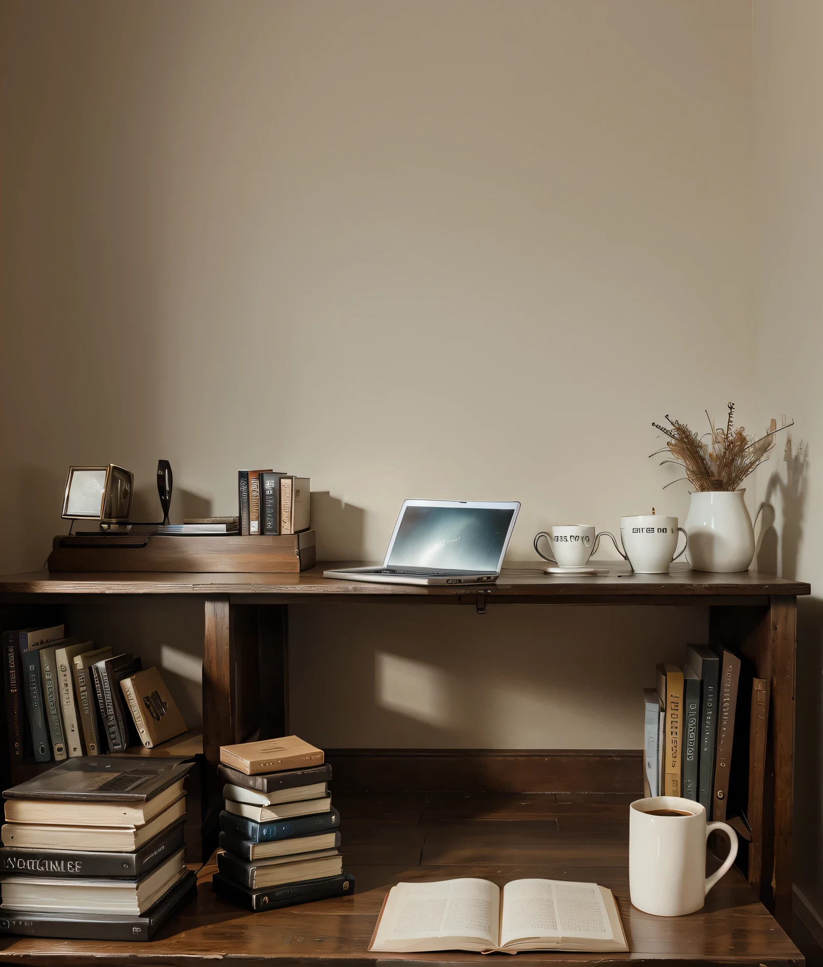 Proffesional background in which some books and a laptop and a coffee mug is on a table