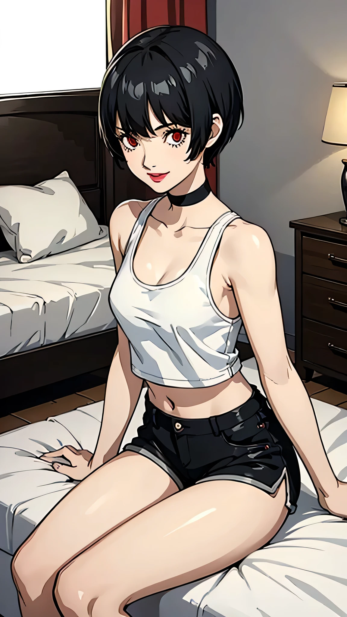 1 girl, Red eyes, very Short hair, black choker, lipstick, smile, black hair,  girl , tomboy Pixie haircut, tank top, shorts, stockings, cowboy shot, sit, bedroom