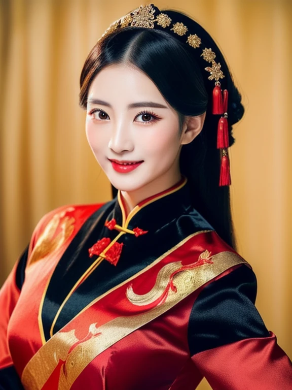 Close-up of a woman wearing a black and red dress, Chinese style, traditional chinese, Chinese dress, Cheongsam, Chinese dress, traditional chinese clothing, Chinese woman, with ancient Chinese clothes, Chinese girl, wearing a red Cheongsam, Chinese princess, black and red silk clothes, Gorgeous Chinese model, traditional beauty, สวมChinese dressโบราณClose-up of a woman wearing a black and red dress, silk velvet silk velvet blue gold yellow orange expensive silk fabric, Action with different poses,