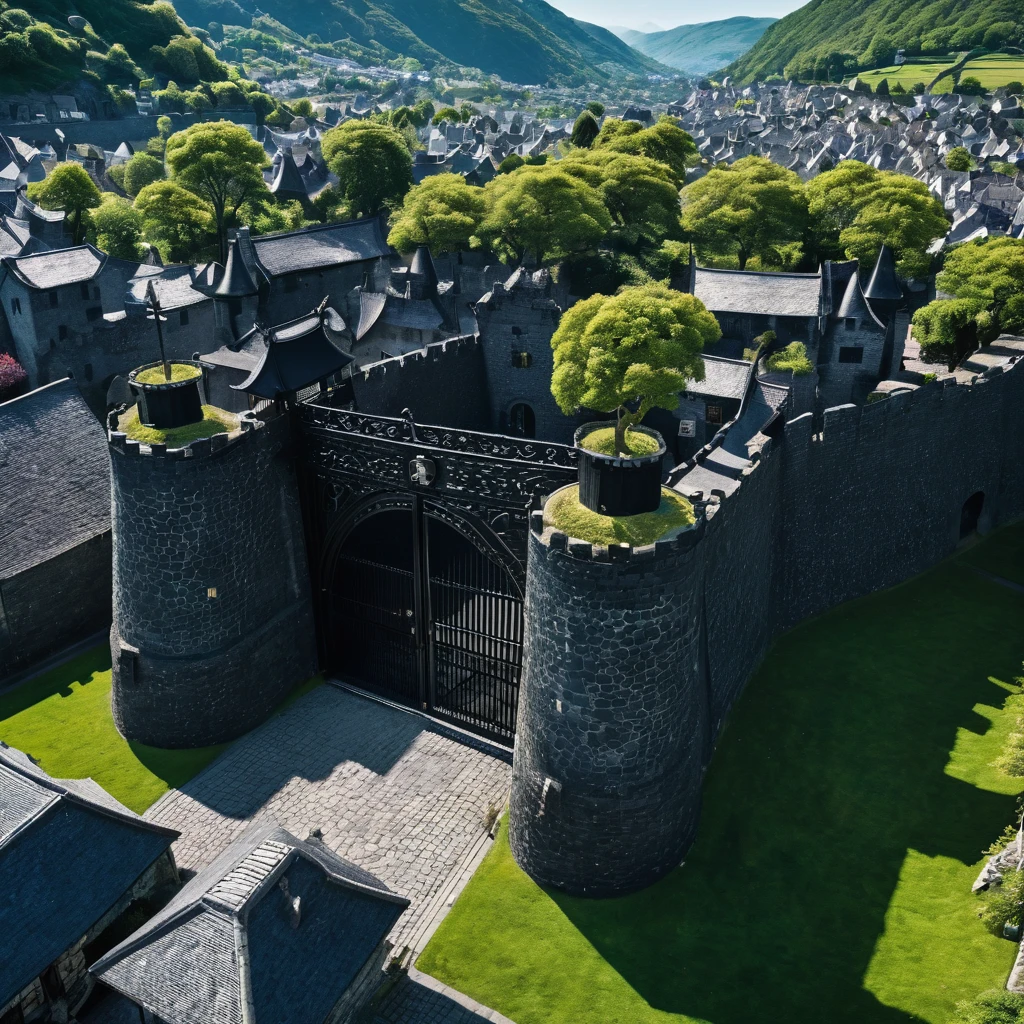 Aerial view. A gated city down in a valley has thirty-foot tall defensive walls made of black tourmaline and the defensive wall's completely solid black steel gates have doors that are embossed with a bright silver tree. This ultra-realistic photograph shows guards at the gate on a day when the sky is blue. The city contains cobblestone roads and thatched cottages.