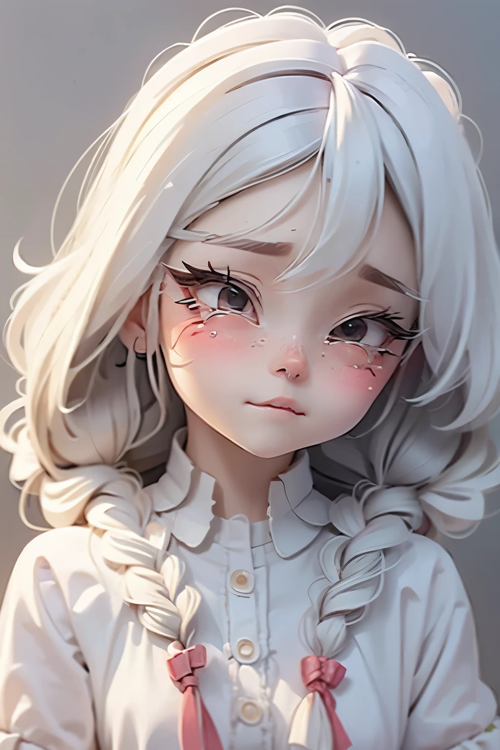 Lolli girl, braid hair, school, closed mouth, anime drawing background, white hair, frontal pose, face close, extremely sad and crying hard