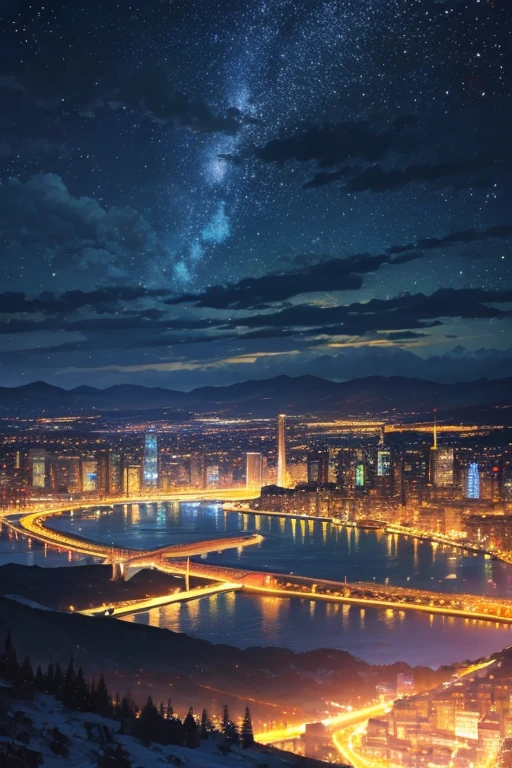 highest quality、Landscape painting、City Neon、Starry Sky、moon
