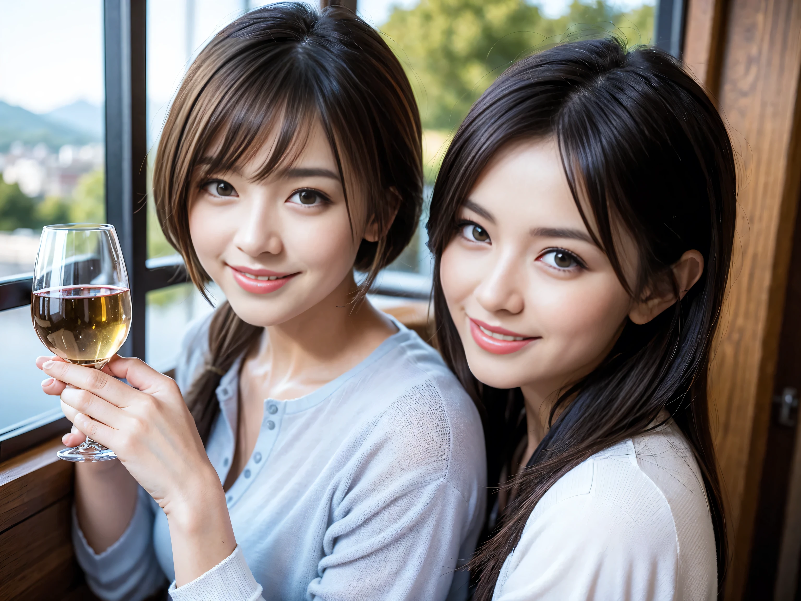 ((highest quality、8k、masterpiece:1.3))、Two beautiful women、Slim body、((Bob Hale、Straight hair:1.2))、(to be born, highest quality, masterpiece:1.5), (Realistic, Intricate details:1.2), Ultra-high resolution, Wine glass on the table、Facial lighting、Amazing view of the sunset sky and clouds、Amazing mountain views、A bright smile、A lovely woman with a smile、Bright image、The beauty of wine, Beautiful Face, blue eyes, The light shines on your face, Blushing, short hair,Bright Face、 (41 years old), 39 years old, Lady、red wine 、Appetizers、Italian food、Wine bottle、Champagne、sparkling wine、Two beauties、Brown Hair、Shortcuts、Long sleeve shirt、dress、Pretty Woman 1, (Slim face), (The body is slim), (Brown Hair), (Shortcuts), cheeks turn a little red,Attractive beauty、, Out of the window, A beautiful and detailed night view unfolds.........., restaurant, In a prominent place (From the waist up) Nova Frog Style, actress, model, Upper Body, White wine, slim, wine glass, Wine glass placed in the center, smile, (smile: 1.15), Beautiful fine grain, Depth f/2,saturation, High Contrast, Strong light and shadow,Moist Body:1.5、3D texture、Delicate eyes、Brown Hair、The hair is very shiny、