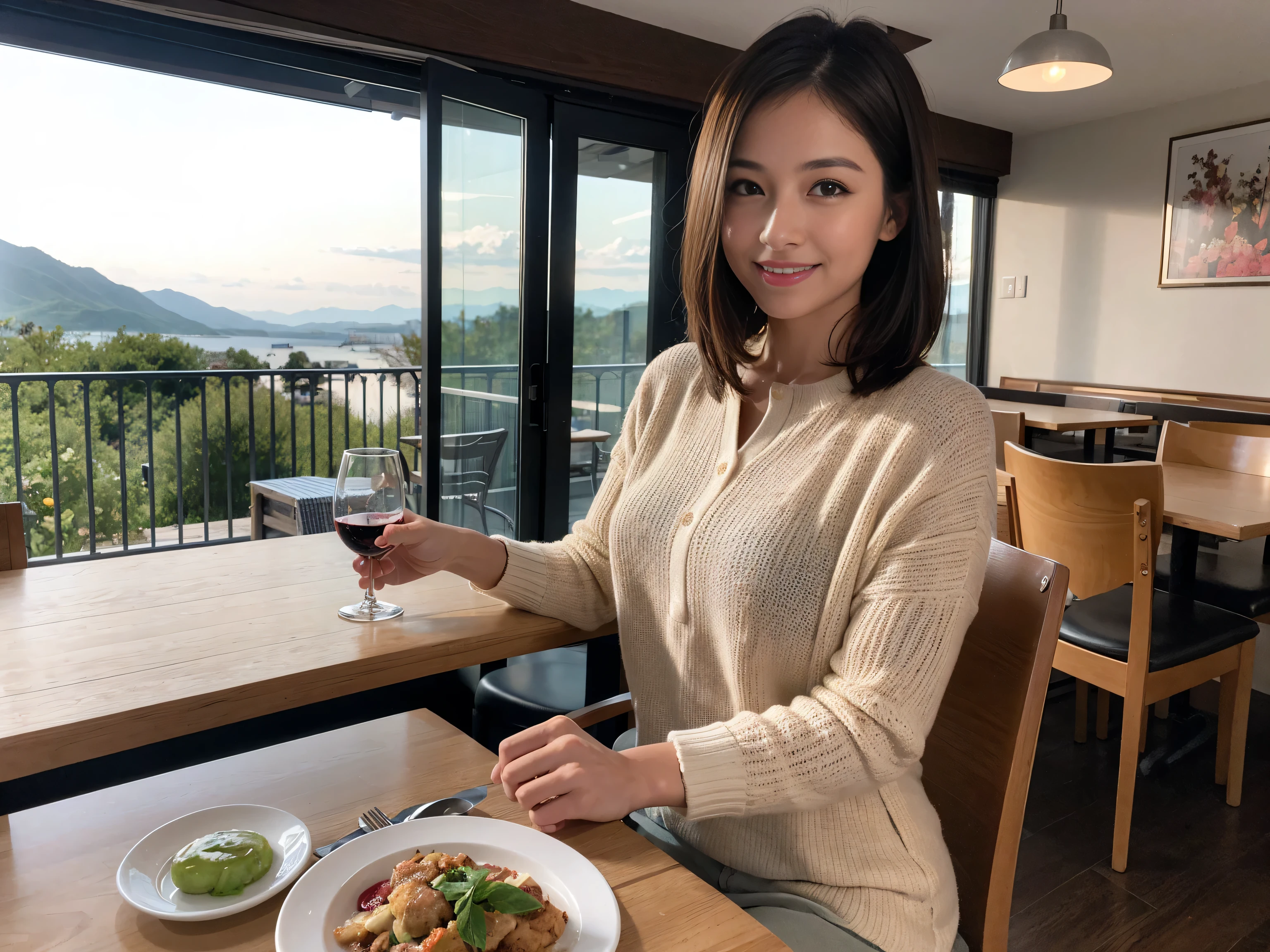 ((highest quality、8k、masterpiece:1.3))、Two beautiful women、Slim body、((Bob Hale、Straight hair:1.2))、(to be born, highest quality, masterpiece:1.5), (Realistic, Intricate details:1.2), Ultra-high resolution, Wine glass on the table、Facial lighting、Amazing view of the sunset sky and clouds、Amazing mountain views、A bright smile、A lovely woman with a smile、Bright image、The beauty of wine, Beautiful Face, blue eyes, The light shines on your face, Blushing, short hair,Bright Face、 (41 years old), 39 years old, Lady、red wine 、Appetizers、Italian food、Wine bottle、Champagne、sparkling wine、Two beauties、Brown Hair、Shortcuts、Long sleeve shirt、dress、Pretty Woman 1, (Slim face), (The body is slim), (Brown Hair), (Shortcuts), cheeks turn a little red,Attractive beauty、, Out of the window, A beautiful and detailed night view unfolds.........., restaurant, In a prominent place (From the waist up) Nova Frog Style, actress, model, Upper Body, White wine, slim, wine glass, Wine glass placed in the center, smile, (smile: 1.15), Beautiful fine grain, Depth f/2,saturation, High Contrast, Strong light and shadow,Moist Body:1.5、3D texture、Delicate eyes、Brown Hair、The hair is very shiny、